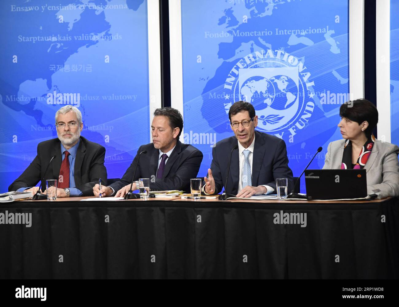 (180725) -- WASHINGTON, July 25, 2018 -- Maurice Obstfeld (3rd L), Economic Counsellor and Director of Research at the International Monetary Fund (IMF), speaks at a press conference on the newly-released 2018 External Sector Report in Washington D.C., the United States, on July 24, 2018. ) U.S.-WASHINGTON D.C.-IMF-EXTERNAL SECTOR REPORT YangxChenglin PUBLICATIONxNOTxINxCHN Stock Photo