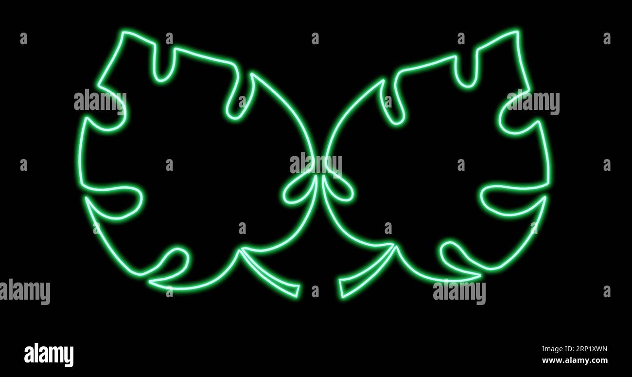 SUMMER TROPICAL LEAVES NEON RETRO SIGN GREEN 8K Stock Photo