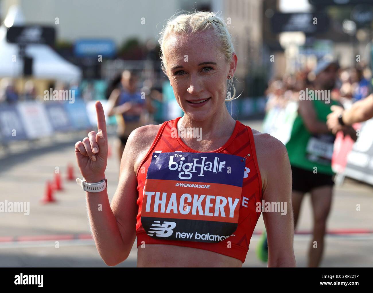 Calli Thackery reacts after winning the Women's Elite race of The Big