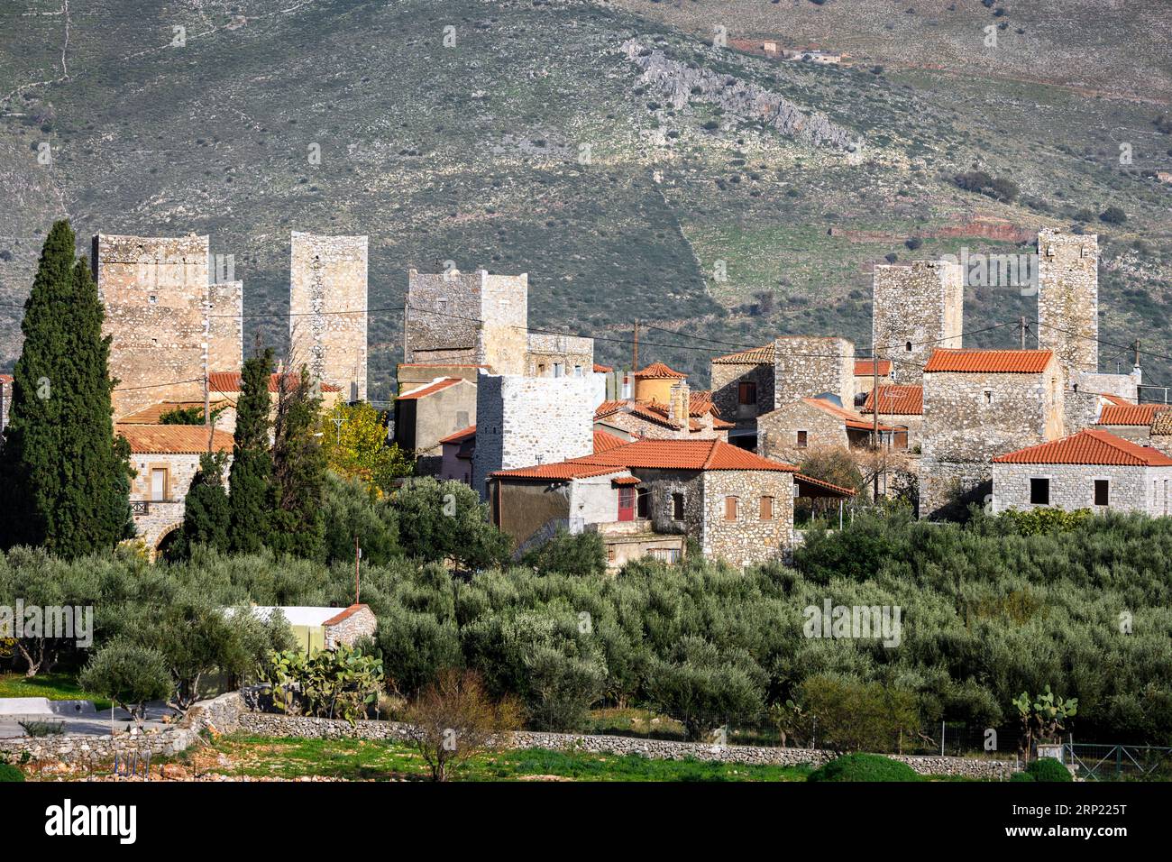 The towers of Flomochori in the Eastern Mani, Lakonia, Peloponnese, Southern Greece Stock Photo