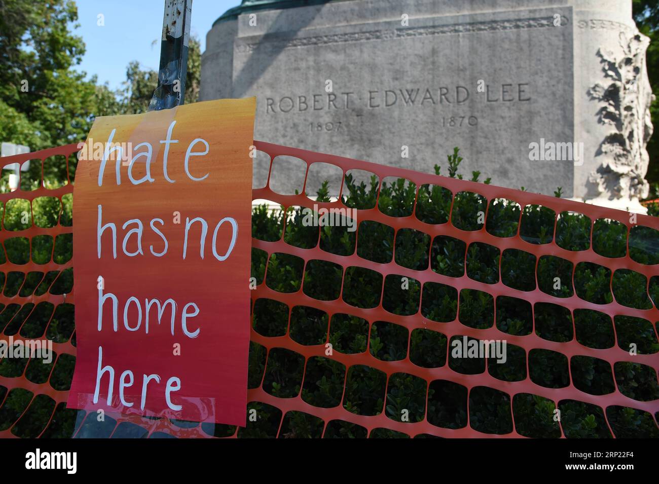 (180812) -- WASHINGTON, Aug. 12, 2018 -- A poster saying hate has no home here is seen in Charlottesville, Virginia, the United States, on Aug. 10, 2018. A year after a white nationalist rally traumatized Charlottesville, in the U.S. state of Virginia, with riots and blood, the city is still healing from the shock. On Aug. 12, 2017, white supremacists and members of other hate groups gathered in Charlottesville for a self-styled Unite the Right rally to protest against the city s decision to remove a Confederate statue before clashing violently with counter-protesters. After the riots were dis Stock Photo