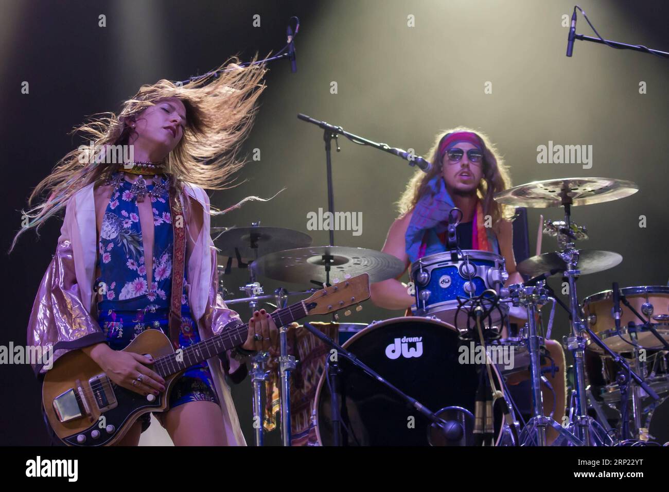 (180814) -- BUDAPEST, Aug. 14, 2018 -- Vocalist Cato van Dijck (L) and her brother drummer Joost van Dijck perform with their Dutch-New Zealand band My Baby at their concert on the A38 Stage at the Sziget Festival held in Budapest, Hungary on Aug. 13, 2018. ) (gj) HUNGARY-BUDAPEST-SZIGET FESTIVAL AttilaxVolgyi PUBLICATIONxNOTxINxCHN Stock Photo