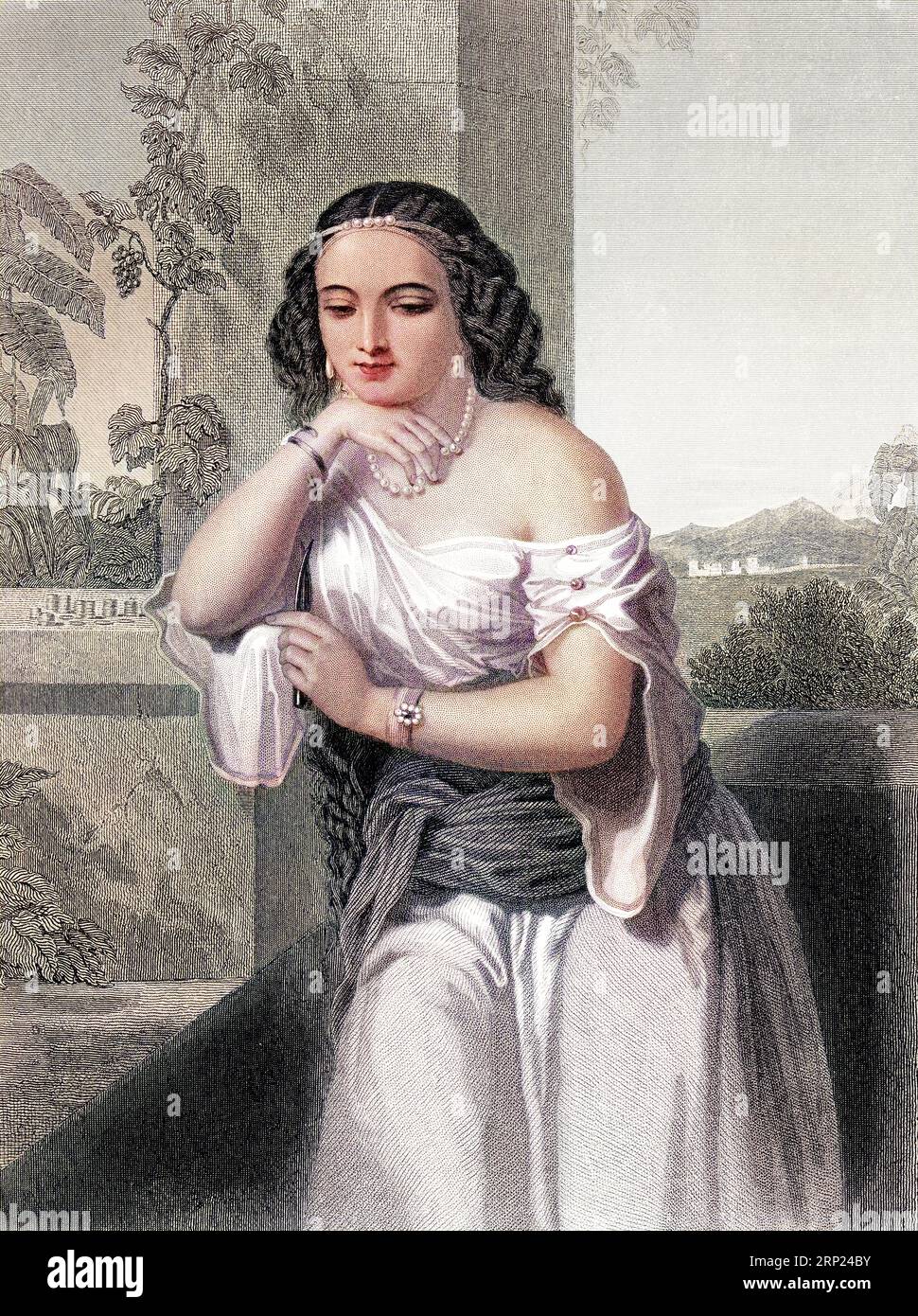 Delilah, Philistine of the Valley of Sorec, Samson's mistress, judge of Israel. She bribed by the Philistines, she sold Samson, cut off her hair while she slept and they were able to capture him. Old 19th century engraved colored illustration from Mugeres de la Biblia by Joaquin Roca y Cornet 1862 Stock Photo