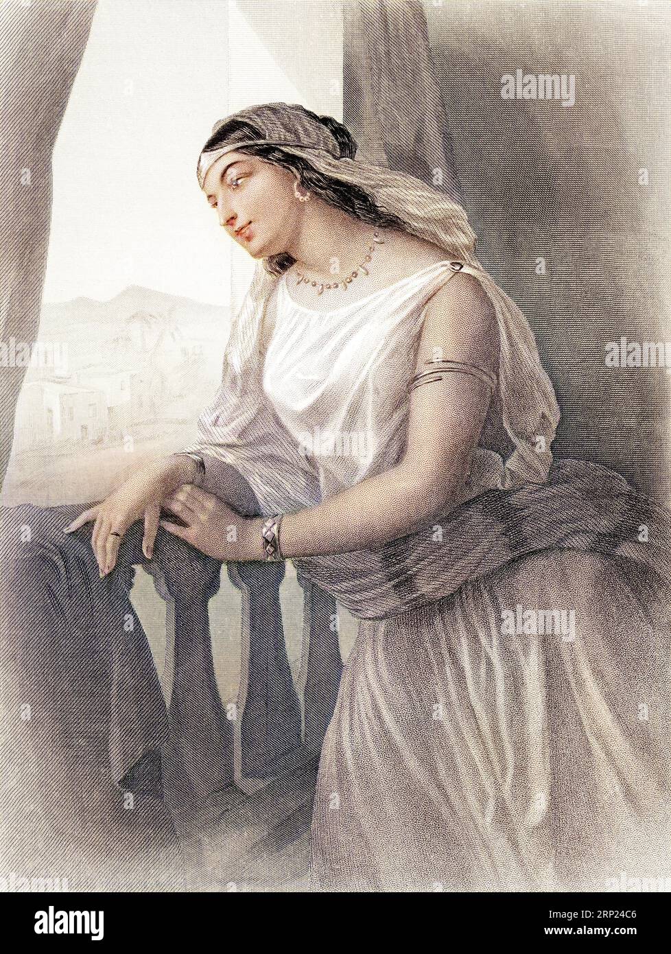Michal, daughter of King Saul, was the wife of King David, her mother was Ahinoam. Michal saved David's life by lifting him out of a window and giving him time to escape. Old 19th century engraved colored illustration from Mugeres de la Biblia by Joaquin Roca y Cornet 1862 Stock Photo