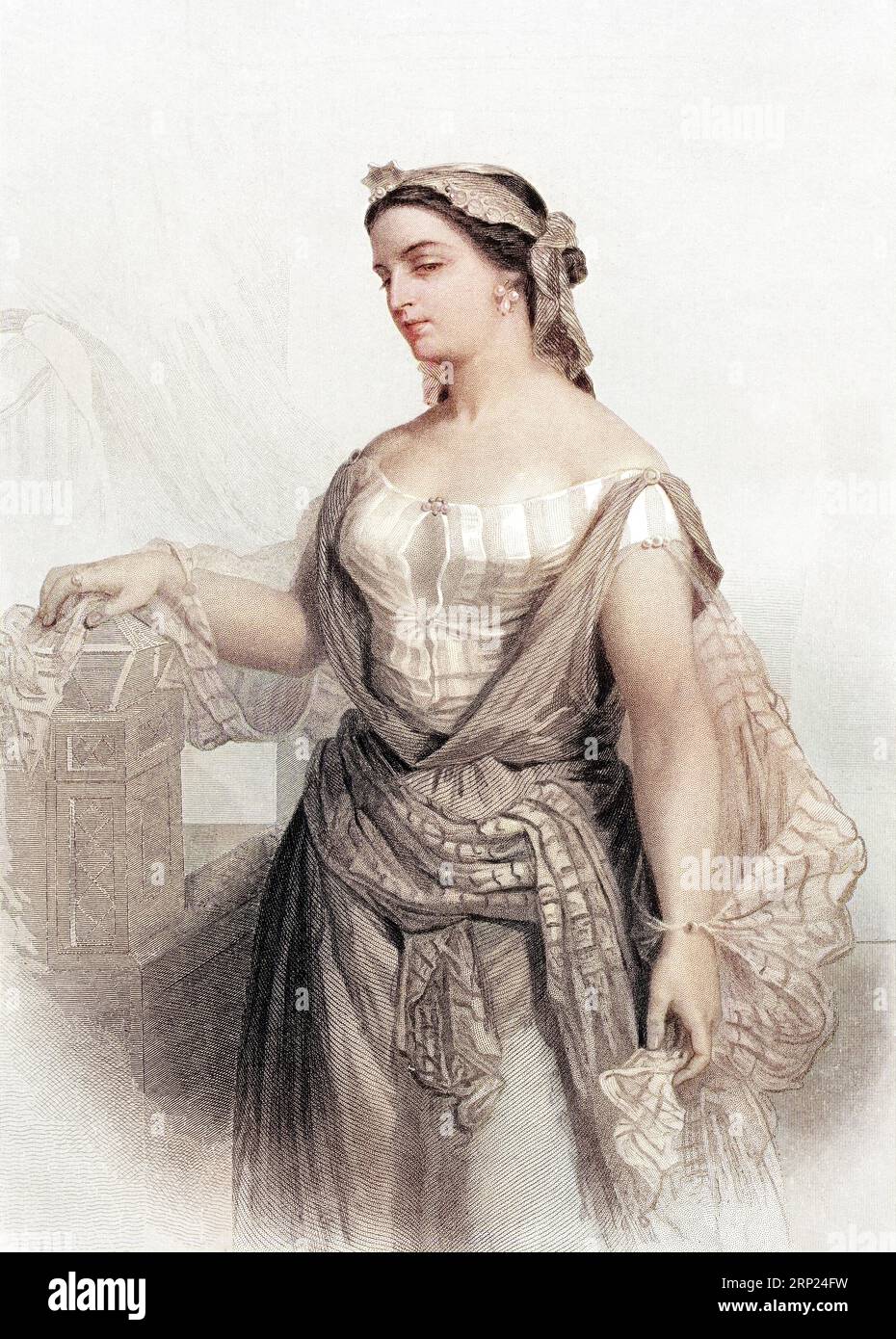 Esther (born Hadassah) was a woman in the Hebrew Bible, the queen of Ahasuerus and the heroine of the Biblical Book of Esther. Old 19th century engraved colored illustration from Mugeres de la Biblia by Joaquin Roca y Cornet 1862 Stock Photo