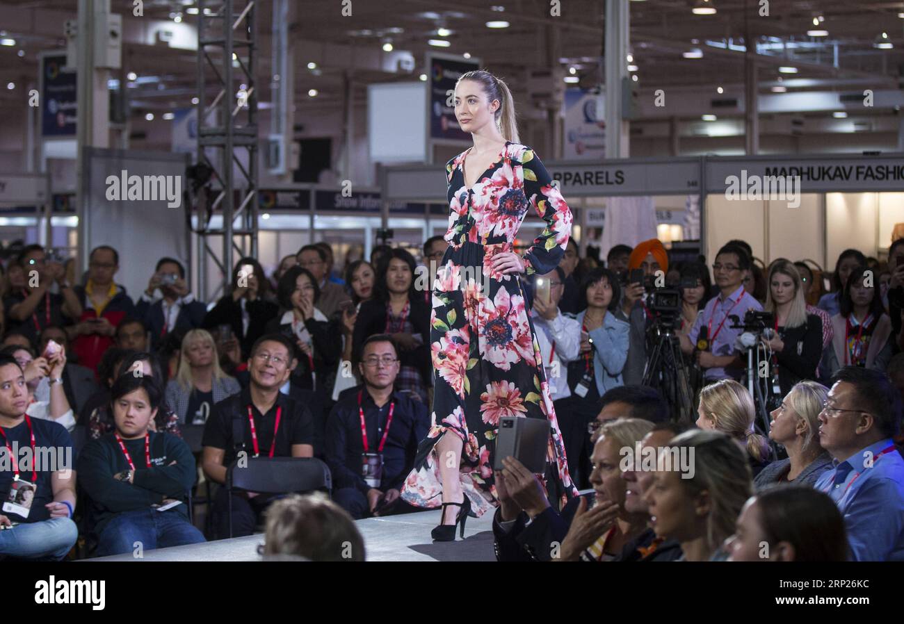 (180821) -- TORONTO, Aug. 21, 2018 -- A model presents a creation during the Brand China fashion show of the 2018 Apparel Textile Sourcing Canada Trade Show at the International Center in Toronto, Canada, Aug. 21, 2018. ) CANADA-TORONTO-APPAREL TEXTILE SOURCING TRADE SHOW-BRAND CHINA FASHION SHOW ZouxZheng PUBLICATIONxNOTxINxCHN Stock Photo
