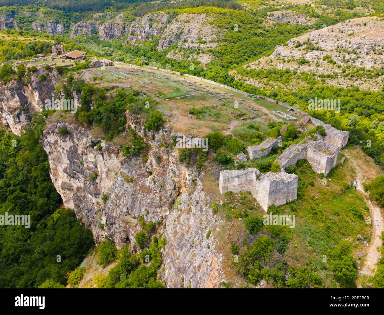 Aerial view, fortress, medieval town of Cherven, Cherven, Ivanovo, Russe, Rhodope Mountains, Bulgaria Stock Photo