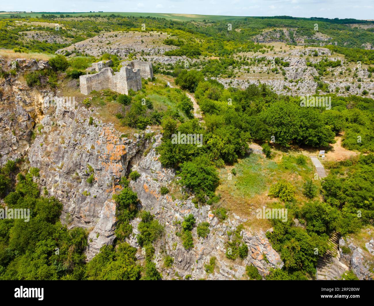 Aerial view, fortress, medieval town of Cherven, Cherven, Ivanovo, Russe, Rhodope Mountains, Bulgaria Stock Photo