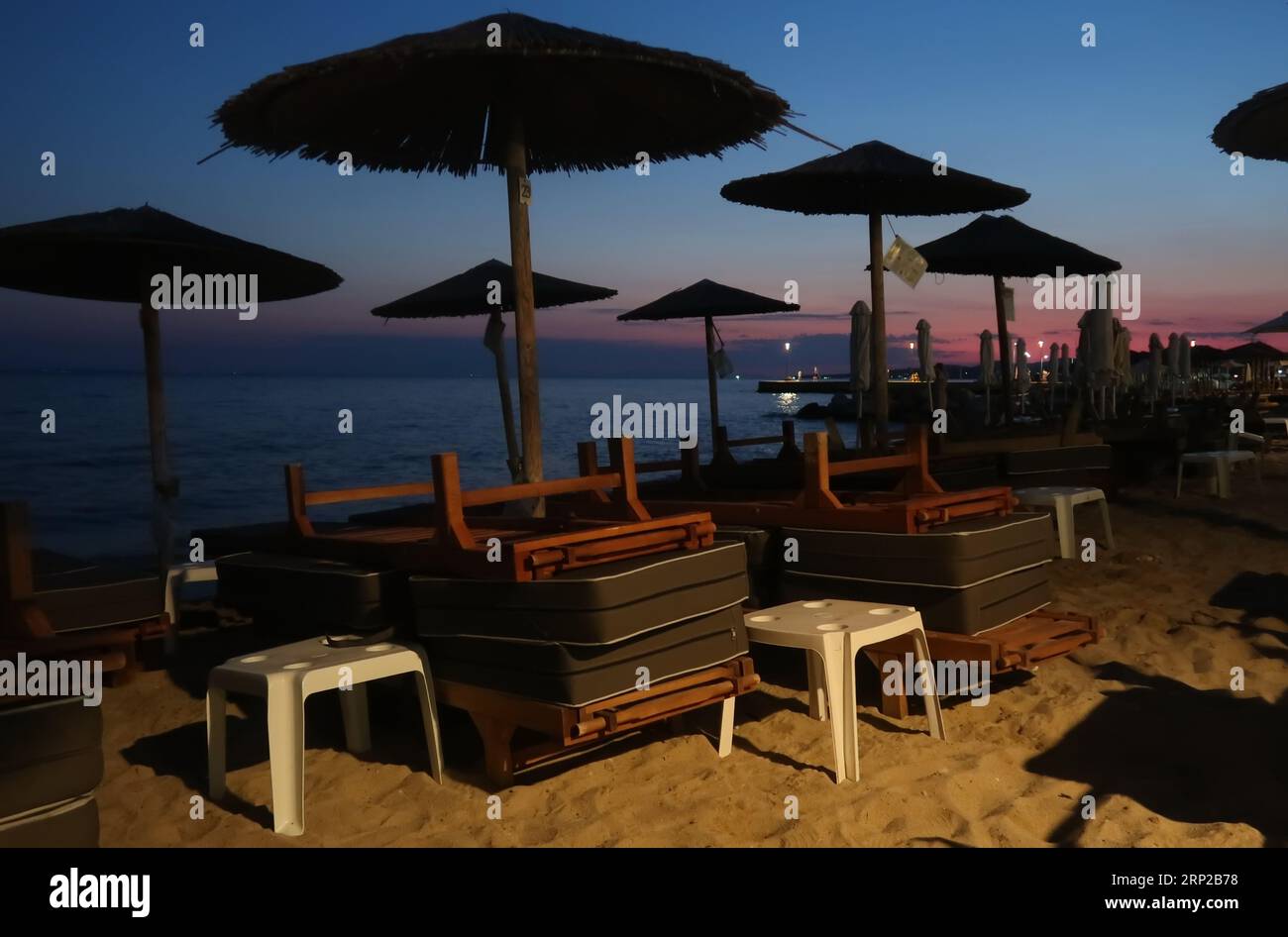 Beach chairs and umbrellas, Nikiti - Greece Stock Photo