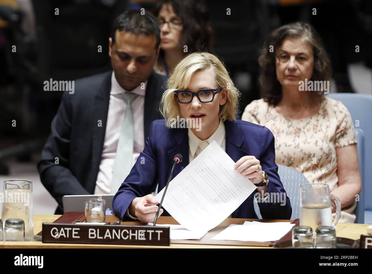 (180828) -- UNITED NATIONS, Aug. 28, 2018 -- Cate Blanchett (front), United Nations Refugee Agency Goodwill Ambassador, addresses the Security Council on the situation in Myanmar and the Rohingya refugee crisis, at the UN headquarters in New York, Aug. 28, 2018. Cate Blanchett on Tuesday asked for efforts to help Rohingya refugees in Bangladesh and to create the right conditions for their return to Myanmar. ) UN-SECURITY COUNCIL-MYANMAR-ROHINGYA CRISIS-CATE BLANCHETT LixMuzi PUBLICATIONxNOTxINxCHN Stock Photo