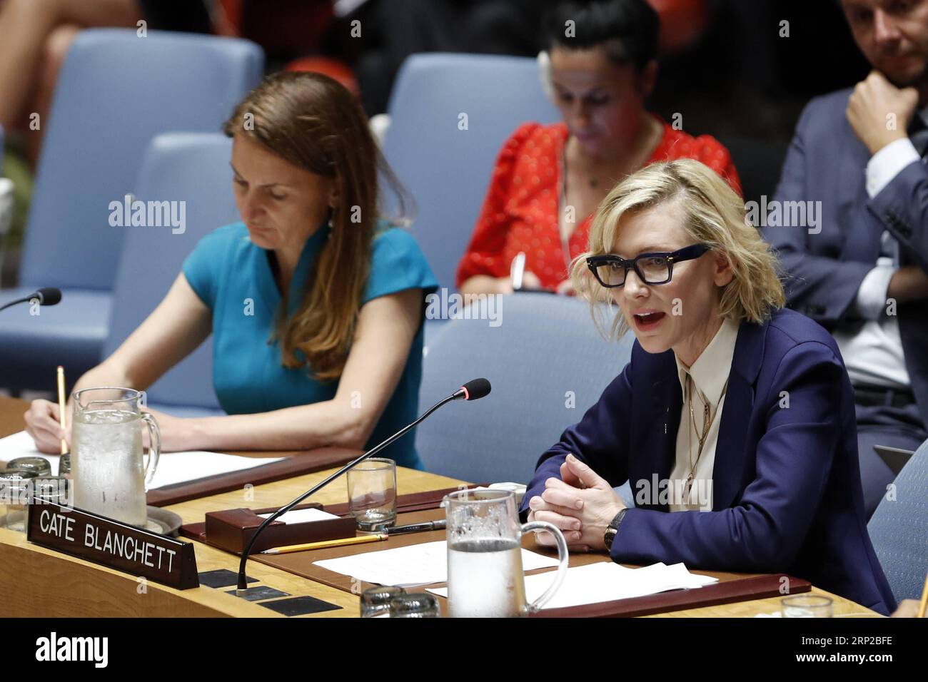 (180828) -- UNITED NATIONS, Aug. 28, 2018 -- Cate Blanchett (R, front), United Nations Refugee Agency Goodwill Ambassador, addresses the Security Council on the situation in Myanmar and the Rohingya refugee crisis, at the UN headquarters in New York, Aug. 28, 2018. Cate Blanchett on Tuesday asked for efforts to help Rohingya refugees in Bangladesh and to create the right conditions for their return to Myanmar. ) UN-SECURITY COUNCIL-MYANMAR-ROHINGYA CRISIS-CATE BLANCHETT LixMuzi PUBLICATIONxNOTxINxCHN Stock Photo