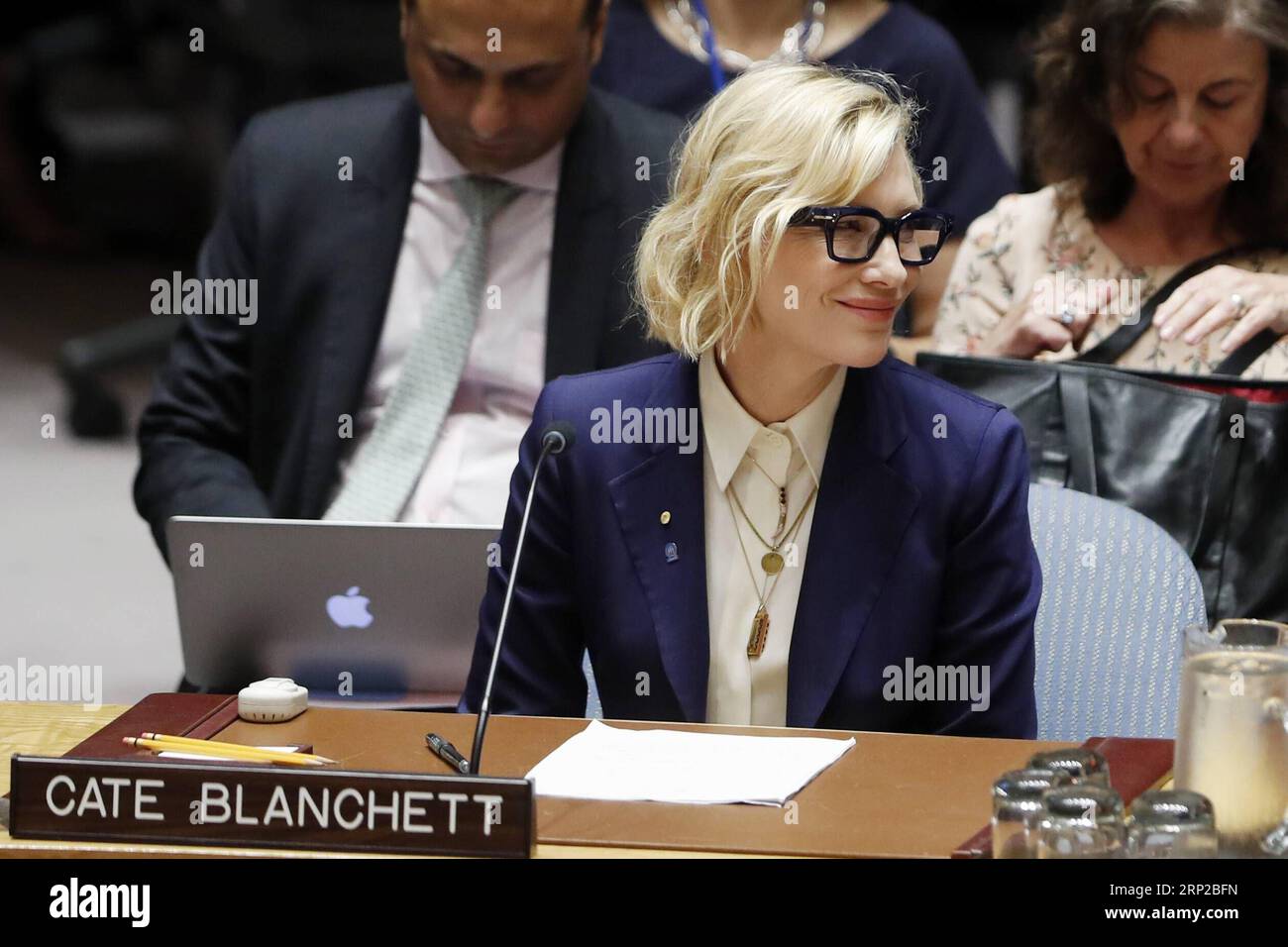 (180828) -- UNITED NATIONS, Aug. 28, 2018 -- Cate Blanchett (front), United Nations Refugee Agency Goodwill Ambassador, attends the Security Council meeting on the situation in Myanmar and the Rohingya refugee crisis, at the UN headquarters in New York, Aug. 28, 2018. Cate Blanchett on Tuesday asked for efforts to help Rohingya refugees in Bangladesh and to create the right conditions for their return to Myanmar. ) UN-SECURITY COUNCIL-MYANMAR-ROHINGYA CRISIS-CATE BLANCHETT LixMuzi PUBLICATIONxNOTxINxCHN Stock Photo