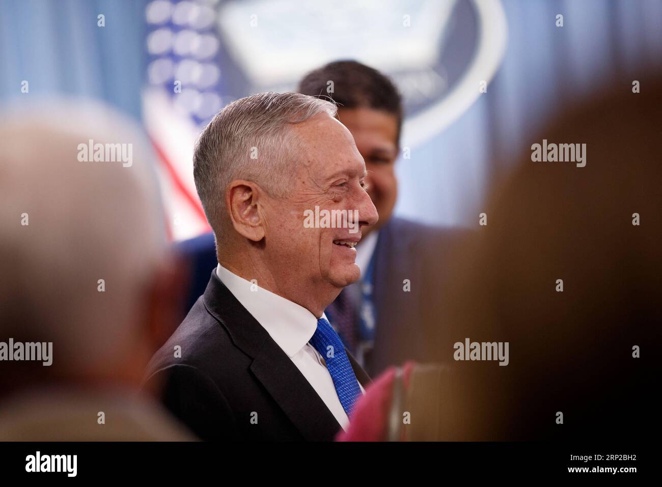 (180829) -- WASHINGTONG D.C., Aug. 29, 2018 -- U.S. Defense Secretary James Mattis chats with the press before a press briefing at the Pentagon, the United States on Aug. 28, 2018. The United States and Turkey plan to conduct combined patrols in northern Syria to enhance security there, U.S. Chairman of the Joint Chiefs of Staff Joseph Dunford said on Tuesday. ) (zxj) U.S.-WASHINGTONG D.C.-TURKEY-COMBINED PATROL-SYRIA TingxShen PUBLICATIONxNOTxINxCHN Stock Photo