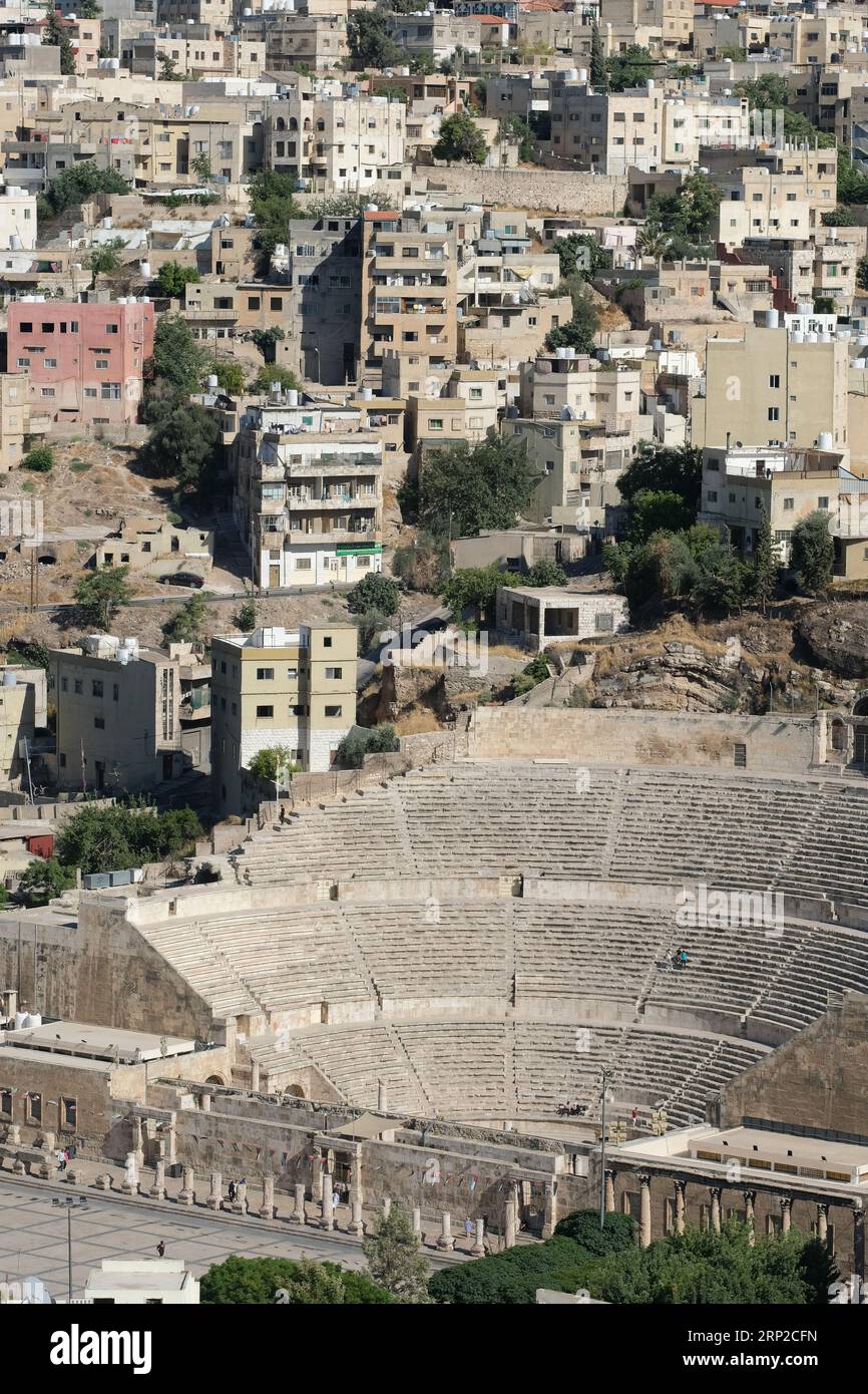 Amman Jordan the ancient Roman ampitheatre has a seating capacity of 6,000 as seen from the heights of the Citadel taken August 2023 Stock Photo