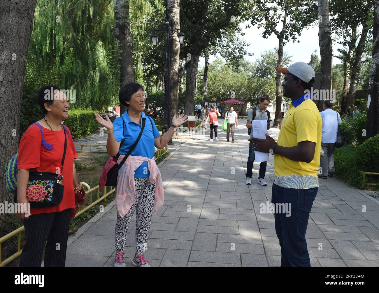 (180831) -- BEIJING, Aug. 31, 2018 -- Yasin Amara Sekou S Dra (R, front), a Malian student studying in China and a volunteer at Yuanmingyuan, or the Old Summer Palace, talks with tourists in the park in Beijing, capital of China, Aug. 31, 2018. Yuanmingyuan set up its volunteer team in 2017 and has been recruiting volunteers from the public. In July 2018, about 20 overseas students from Africa joined the team to provide tourist services. ) (lmm) CHINA-BEIJING-YUANMINGYUAN PARK-AFRICAN VOLUNTEERS (CN) LuoxXiaoguang PUBLICATIONxNOTxINxCHN Stock Photo