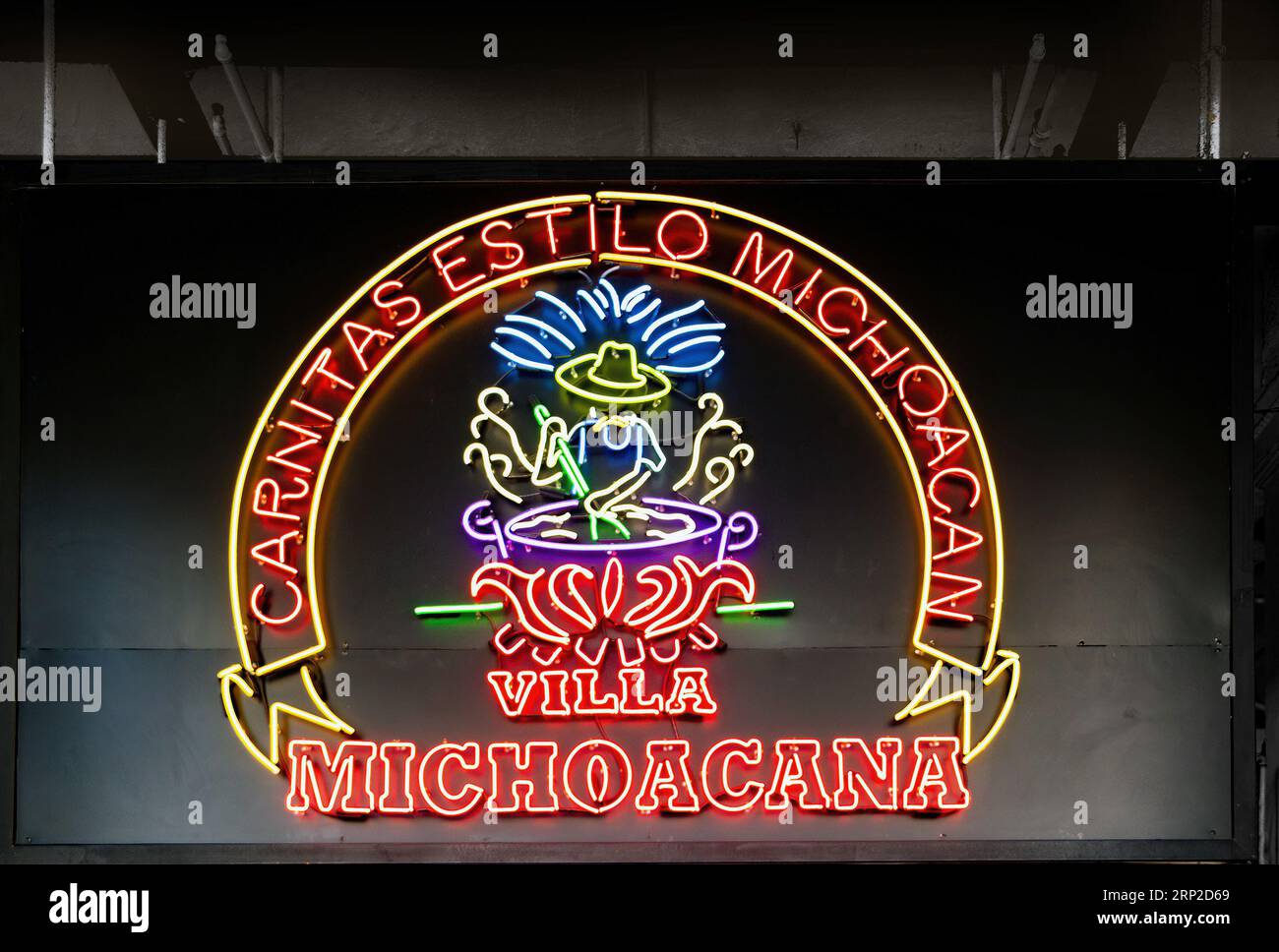neon sign for villa michoacana in los angeles central indoor market USA Stock Photo