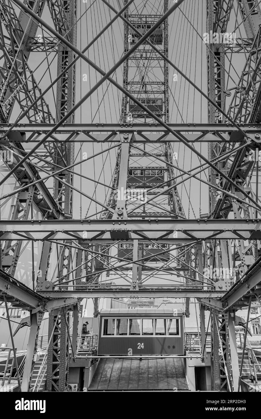 The Vienna Giant Ferris Wheel, black and white photograph, Prater, Vienna, Austria Stock Photo