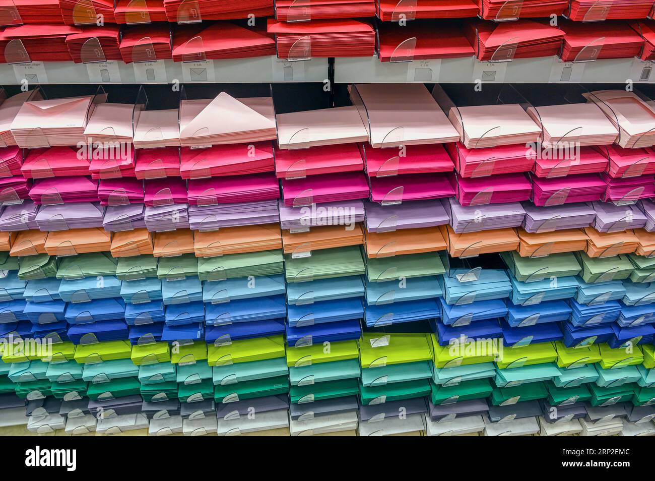 Colourful envelopes in a department store, Allgaeu, Bavaria, Germany