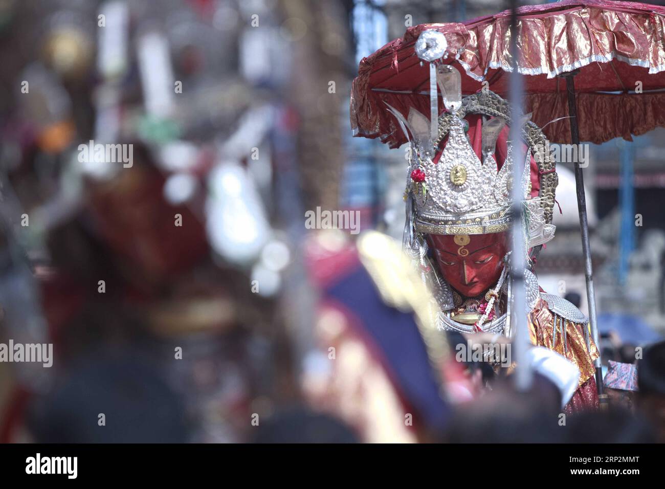 (180907) -- BHAKTAPUR, Sept. 7, 2018 -- Statue of Dipankar Buddha is taken around the city by the Buddhist devotees to mark the Pancha Dan festival, the festival of five summer gifts, in Bhaktapur, Nepal on Sept. 7, 2018. ) (yk) NEPAL-BHAKTAPUR-FESTIVAL-PANCHA DAN sulavxshrestha PUBLICATIONxNOTxINxCHN Stock Photo