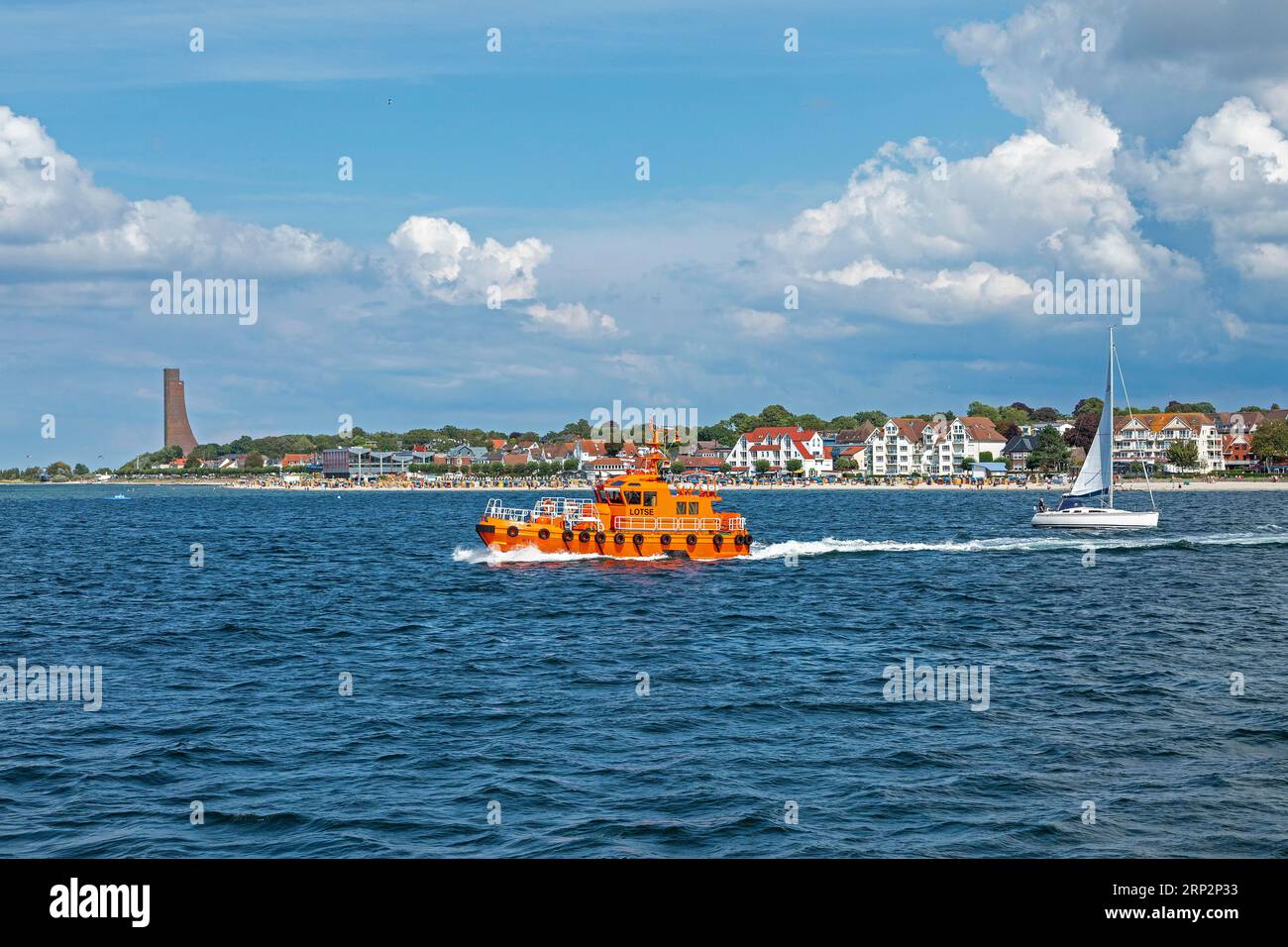 Pilot boat and sailboat off Laboe, Kiel Fjord, Schleswig-Holstein, Germany Stock Photo