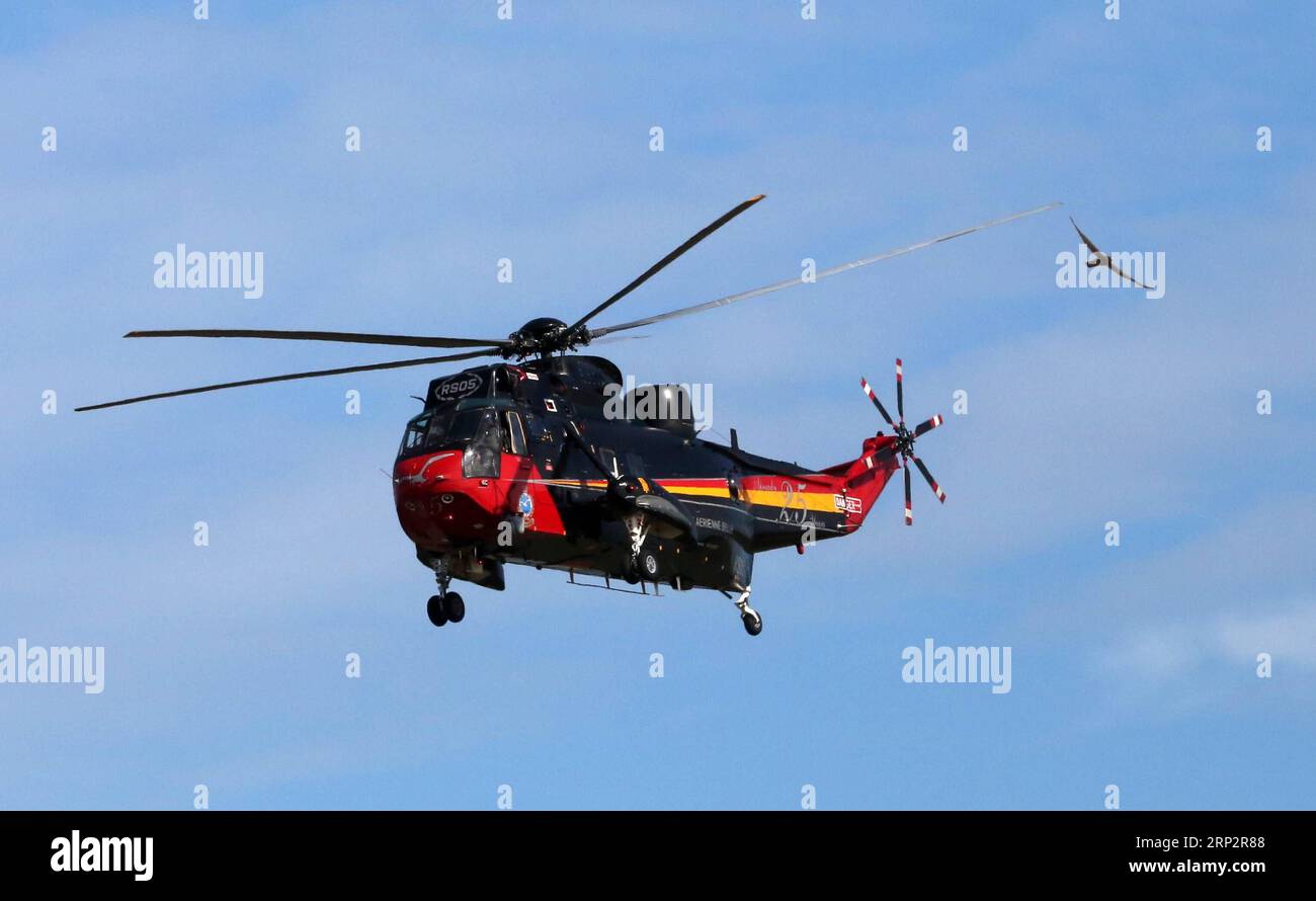 (180910) -- KLEINE-BROGEL, Sept. 10, 2018 -- A SeaKing helicopter performs during the Belgian Air Force Day in Kleine Brogel Air Base in Belgium, on Sept. 9, 2018. ) (dtf) BELGIUM-KLEINE-BROGEL-BELGIAN AIR FORCE DAY WangxXiaoJun PUBLICATIONxNOTxINxCHN Stock Photo