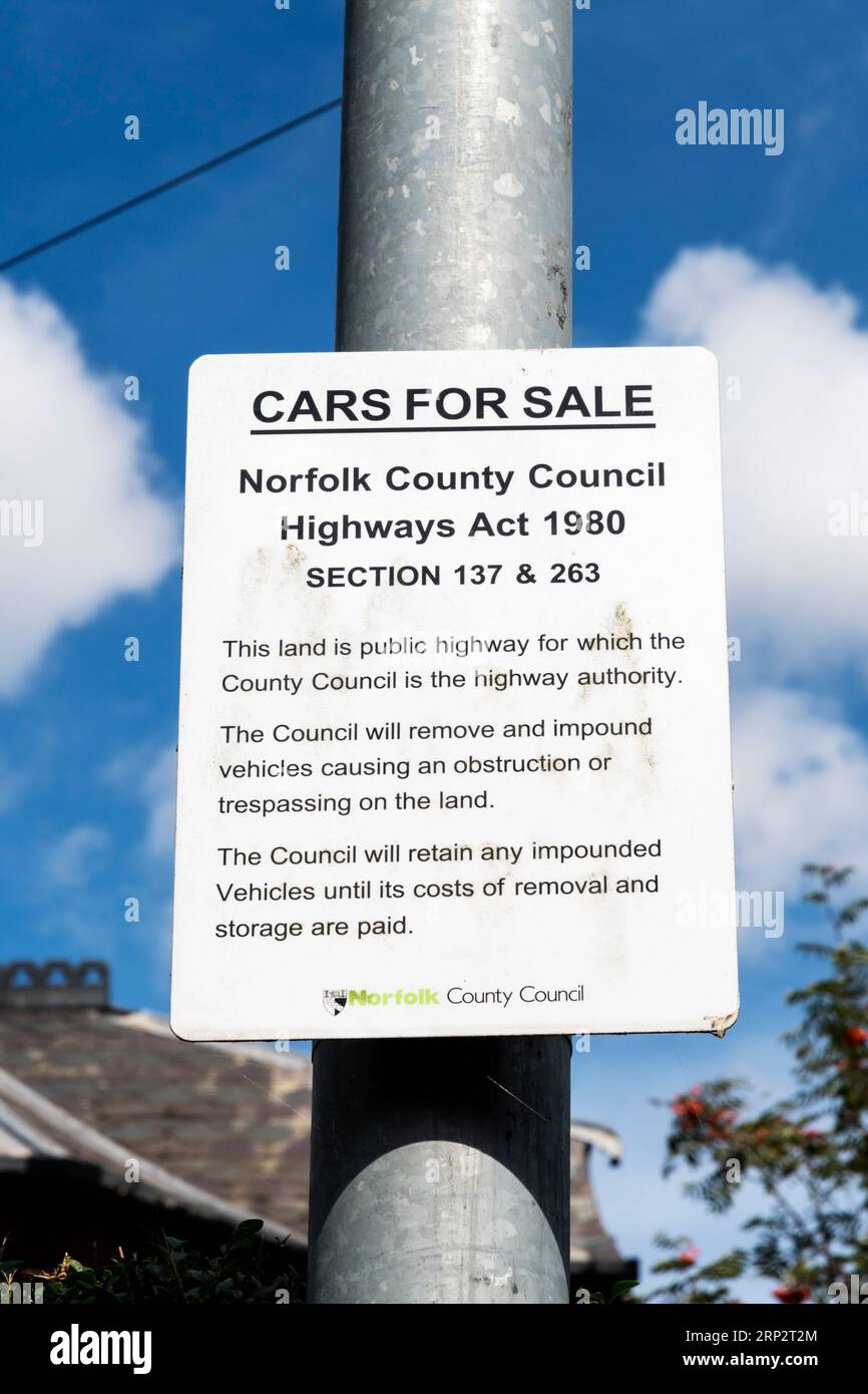 Norfolk County Council sign banning the sale of cars on the roadside