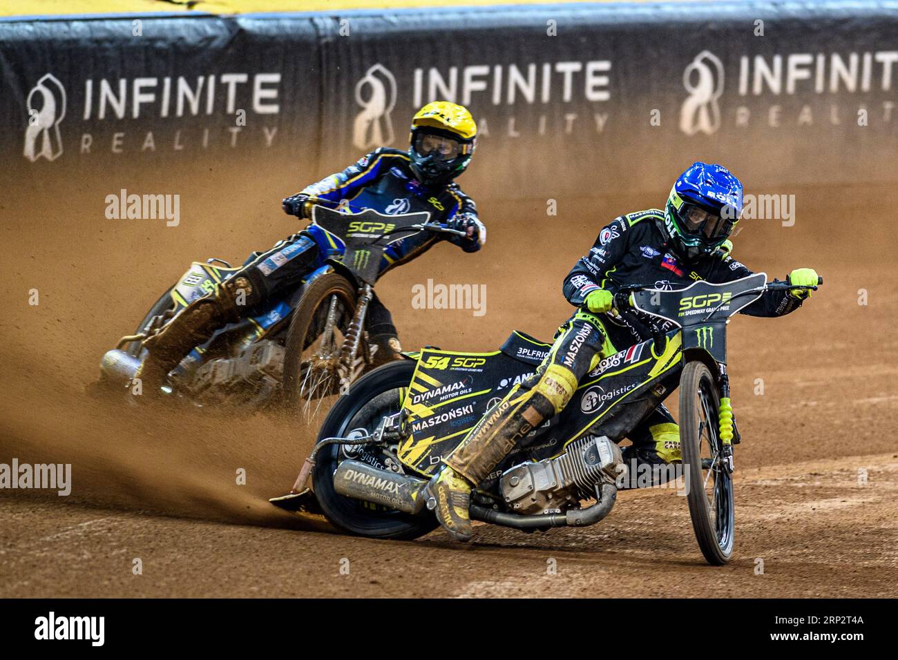 Martin Vaculik (54) (Blue) inside Jason Doyle (69) (Yellow) during the FIM Speedway Grand Prix of Great Britain at the Principality Stadium, Cardiff on Saturday 2nd September 2023. (Photo: Ian Charles | MI News) Credit: MI News & Sport /Alamy Live News Stock Photo