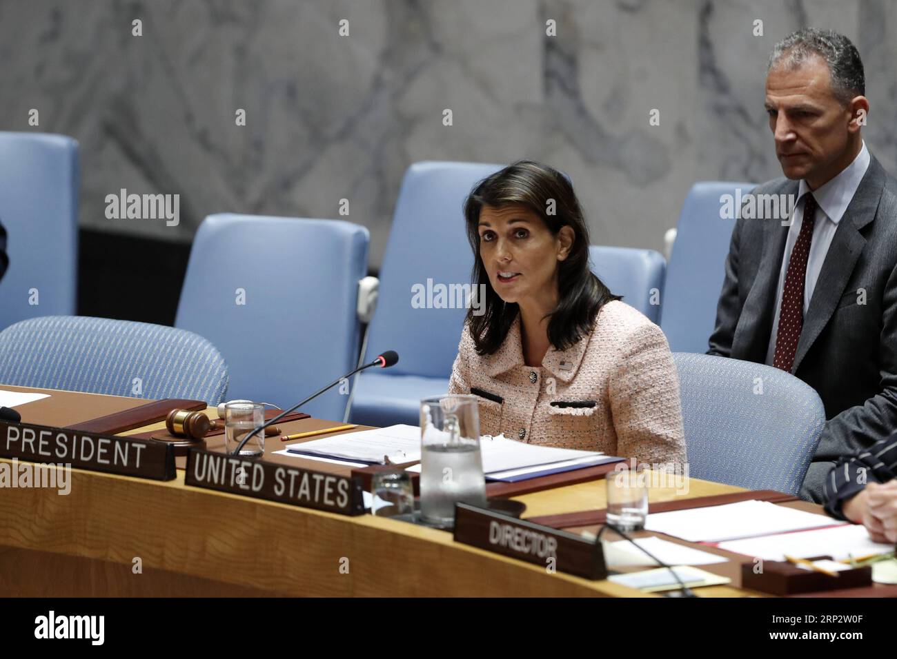 (180912) -- UNITED NATIONS, Sept. 12, 2018 -- U.S. ambassador to the United Nations (UN) Nikki Haley (L) speaks at a Security Council meeting on the situation in Syria s Idlib province at the UN headquarters in New York, on Sept. 11, 2018. As a seemingly imminent full-scale offensive on Syria s Idlib province looms, the UN Security Council on Tuesday remained deeply divided, prompting a no-escalation plea from Secretary-General Antonio Guterres. ) (yy) UN-SECURITY COUNCIL-SYRIA LixMuzi PUBLICATIONxNOTxINxCHN Stock Photo