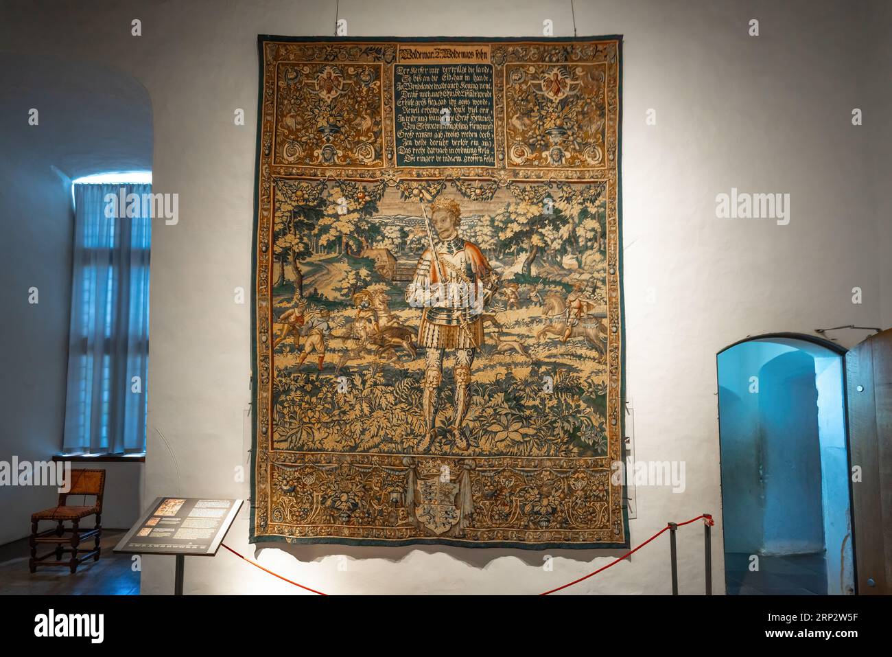 Tapestry depicting Valdemar II The Victorious at Little Hall of Kronborg Castle - Helsingor, Denmark Stock Photo
