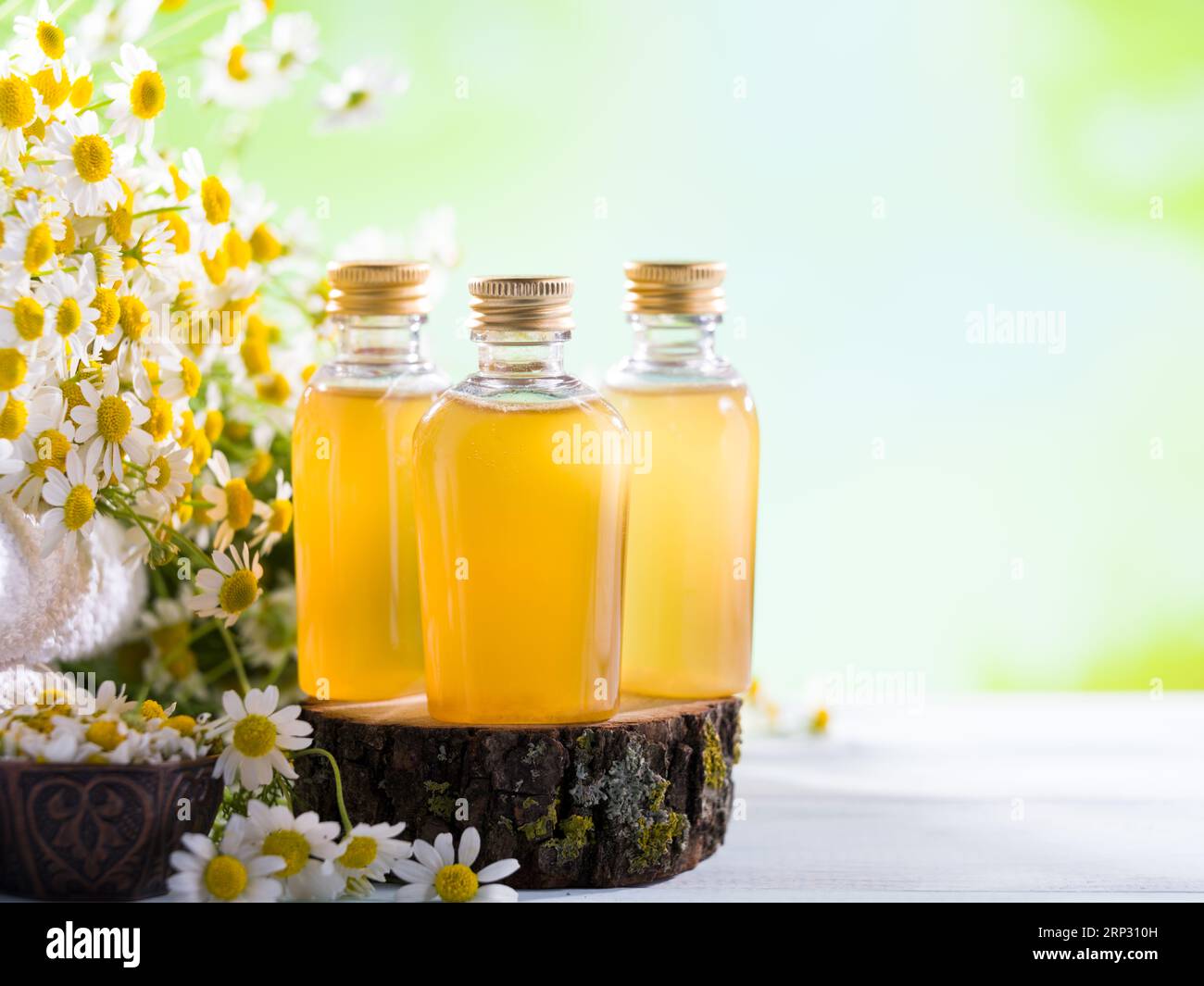 Chamomile oil or broth. Aromatic vegetable oils for hair and body care. Stock Photo