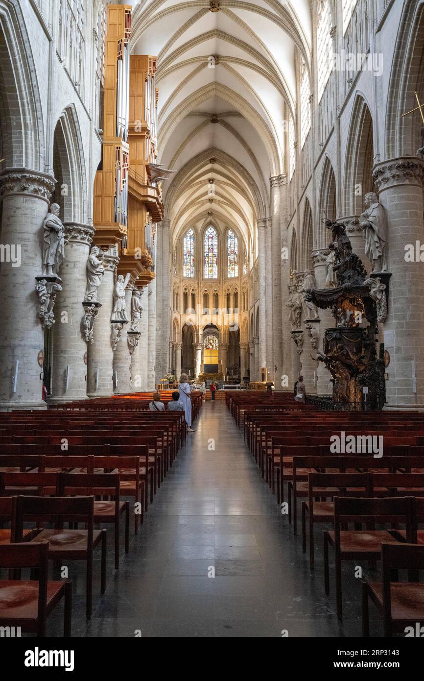 Cathedral of St. Michael and St. Gudula, interior view, medieval Roman Catholic church in the centre of Brussels, Belgium Stock Photo