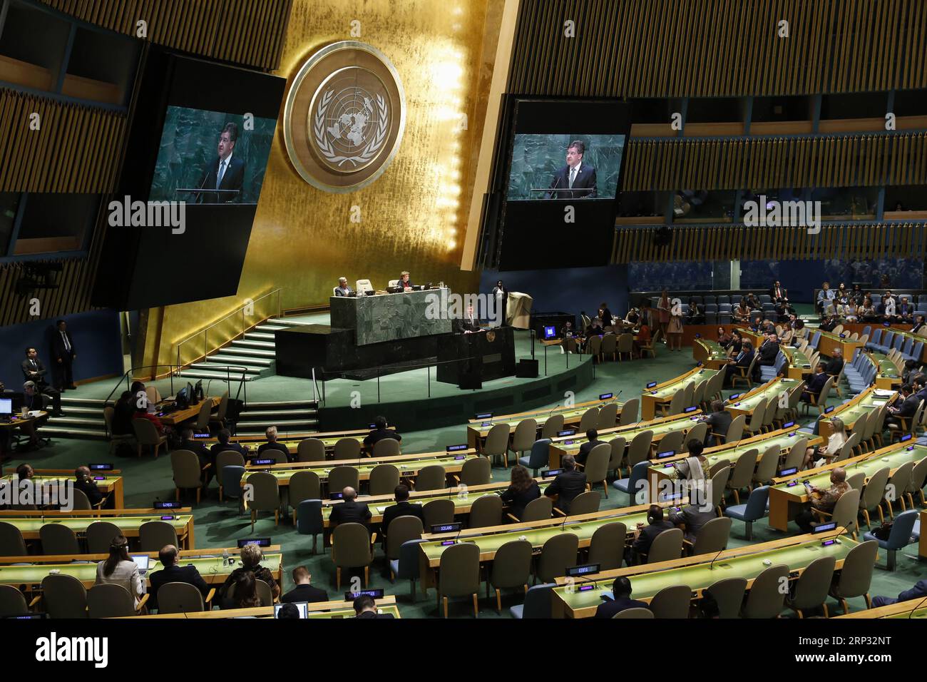 (180917) -- UNITED NATIONS, Sept. 17, 2018 -- Photo taken on Sept. 17, 2018 shows the last meeting of the 72nd session of the United Nations General Assembly, at the UN headquarters in New York. Outgoing UN General Assembly President Miroslav Lajcak on Monday outlined six major trends he identified during his one-year tenure on his last day in office, highlighting sustaining peace, combat against climate change and UN reform, among other things. ) UN-GENERAL ASSEMBLY-72ND SESSION-LAST MEETING LixMuzi PUBLICATIONxNOTxINxCHN Stock Photo