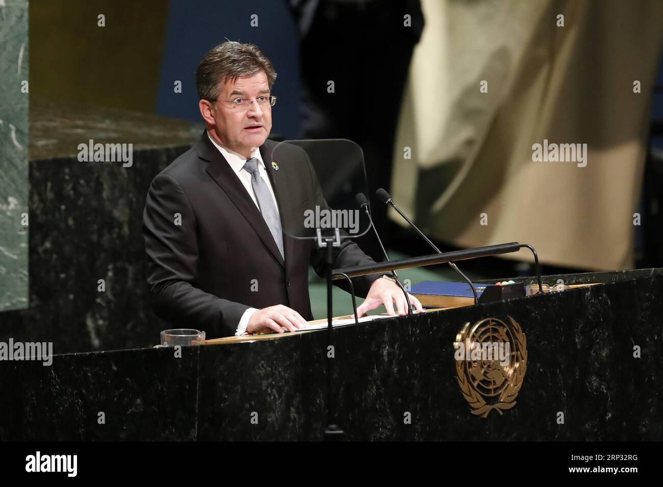 (180917) -- UNITED NATIONS, Sept. 17, 2018 -- Miroslav Lajcak, President of the 72nd session of the United Nations General Assembly, delivers a speech at the last meeting of the 72nd session of the assembly, at the UN headquarters in New York, Sept. 17, 2018. Outgoing UN General Assembly President Miroslav Lajcak on Monday outlined six major trends he identified during his one-year tenure on his last day in office, highlighting sustaining peace, combat against climate change and UN reform, among other things. ) UN-GENERAL ASSEMBLY-72ND SESSION-LAST MEETING LixMuzi PUBLICATIONxNOTxINxCHN Stock Photo