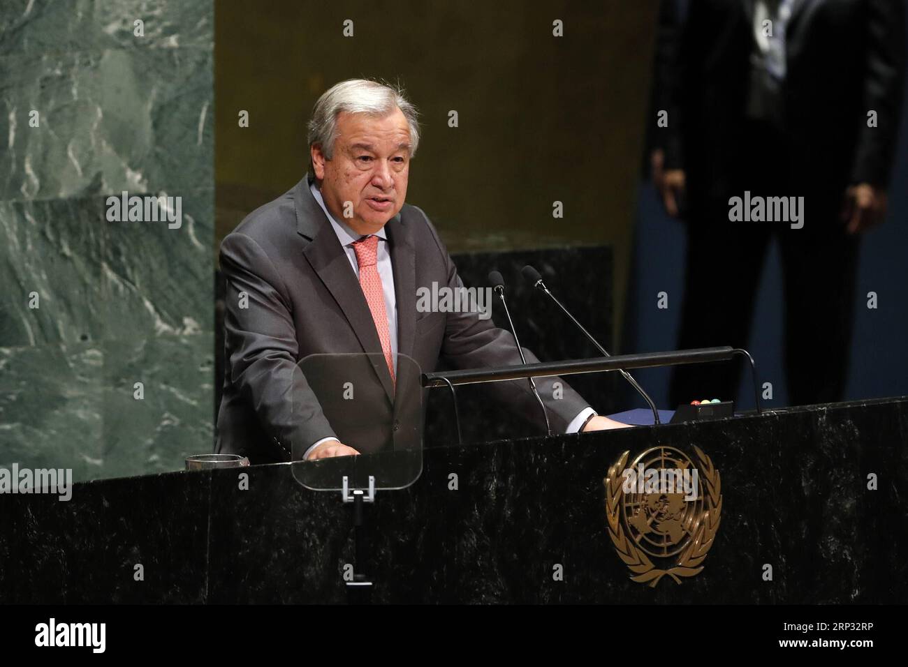 (180917) -- UNITED NATIONS, Sept. 17, 2018 -- United Nations Secretary-General Antonio Guterres addresses the last meeting of the 72nd session of the United Nations General Assembly, at the UN headquarters in New York, Sept. 17, 2018. Outgoing UN General Assembly President Miroslav Lajcak on Monday outlined six major trends he identified during his one-year tenure on his last day in office, highlighting sustaining peace, combat against climate change and UN reform, among other things. ) UN-GENERAL ASSEMBLY-72ND SESSION-LAST MEETING LixMuzi PUBLICATIONxNOTxINxCHN Stock Photo