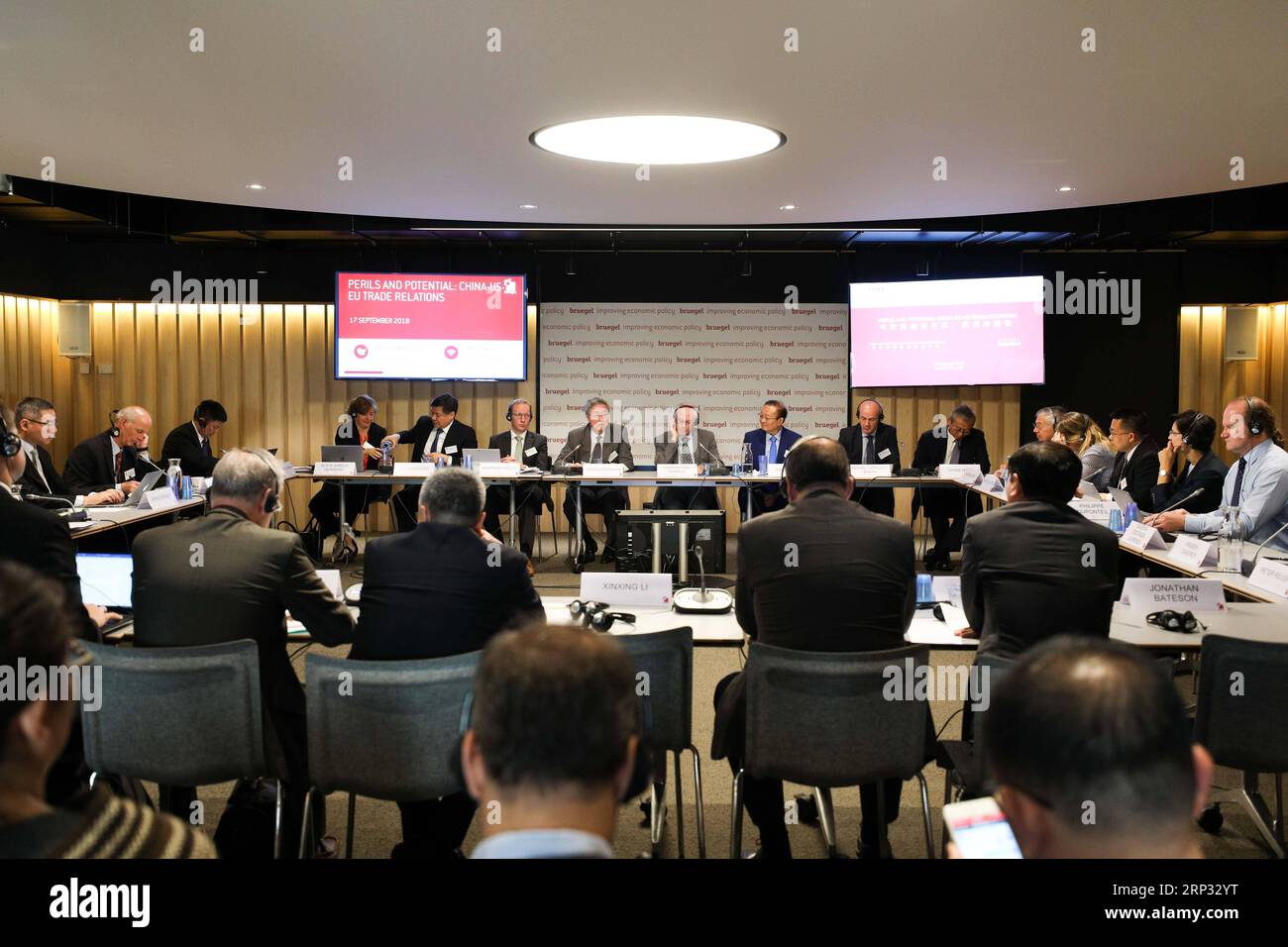 (180918) -- BRUSSELS, Sept. 18, 2018 -- Photo taken on Sept. 17, 2018 shows a scene of the seminar Perils and potential: China-US-EU trade relations held in Brussels, Belgium. Amid increasing tensions of trade wars worldwide, around 100 leading scholars from China and Europe gathered here in the headquarters of Belgian think tank Bruegel Monday, calling on China and Europe to reduce misunderstanding via open and fair discussions on all levels. ) (hy) BELGIUM-BRUSSELS-CHINA-TRADE-SEMINAR ZhengxHuansong PUBLICATIONxNOTxINxCHN Stock Photo