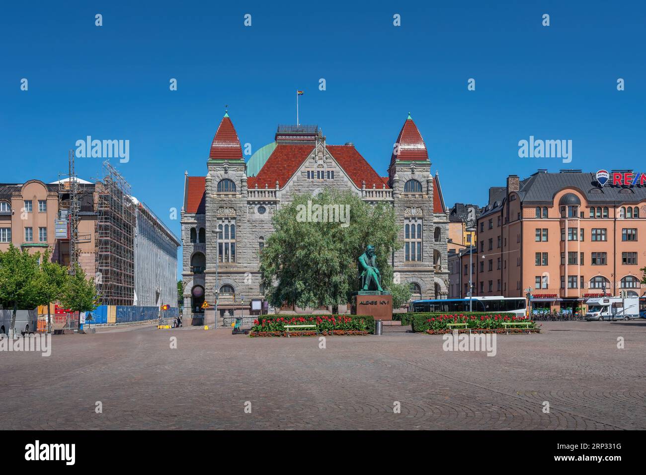 Railway Square with Finnish National Theatre and Aleksis Kivi Statue - Helsinki, Finland Stock Photo