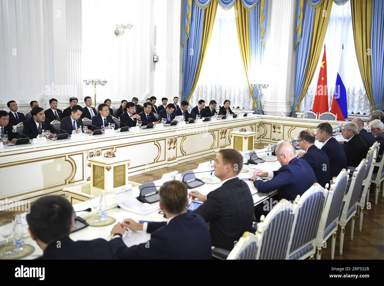 (180918) -- MOSCOW, Sept. 18, 2018 -- Chinese Vice Premier Han Zheng, also a member of the Standing Committee of the Political Bureau of the Communist Party of China (CPC) Central Committee, meets with Russian Deputy Prime Minister Dmitry Kozak in Moscow, Russia, Sept. 17, 2018. Han and Kozak co-chaired the 15th meeting of the China-Russia Energy Cooperation Committee in Moscow on Monday. )(mcg) RUSSIA-CHINA-HAN ZHENG-DMITRY KOZAK-MEETING YanxYan PUBLICATIONxNOTxINxCHN Stock Photo