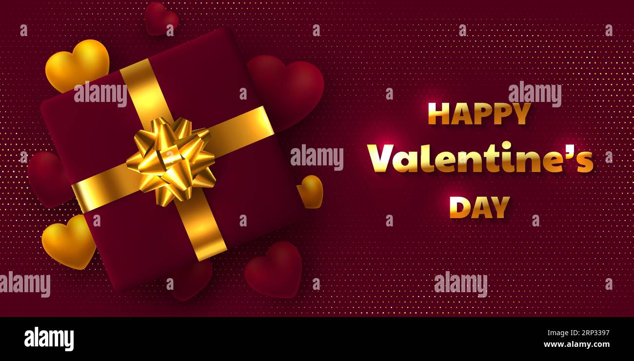 Valentines day holiday design. Gift box with golden bow, 3d hearts and ...