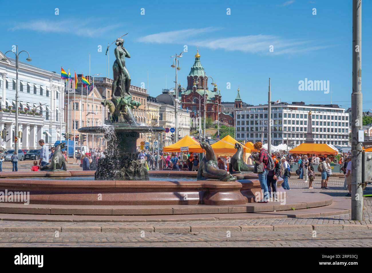 Market Square with Havis Amanda Fountain and Uspenski Cathedral on background - Helsinki, Finland Stock Photo
