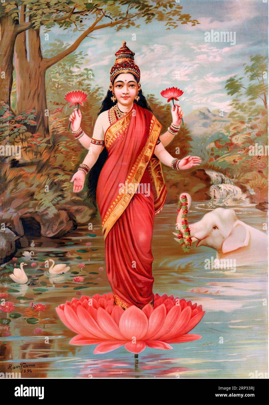 Lakshmi India 1894 - Lakshmi standing on a lotus is perhaps the most well-known example of all of the early lithographs of Hindu gods Stock Photo