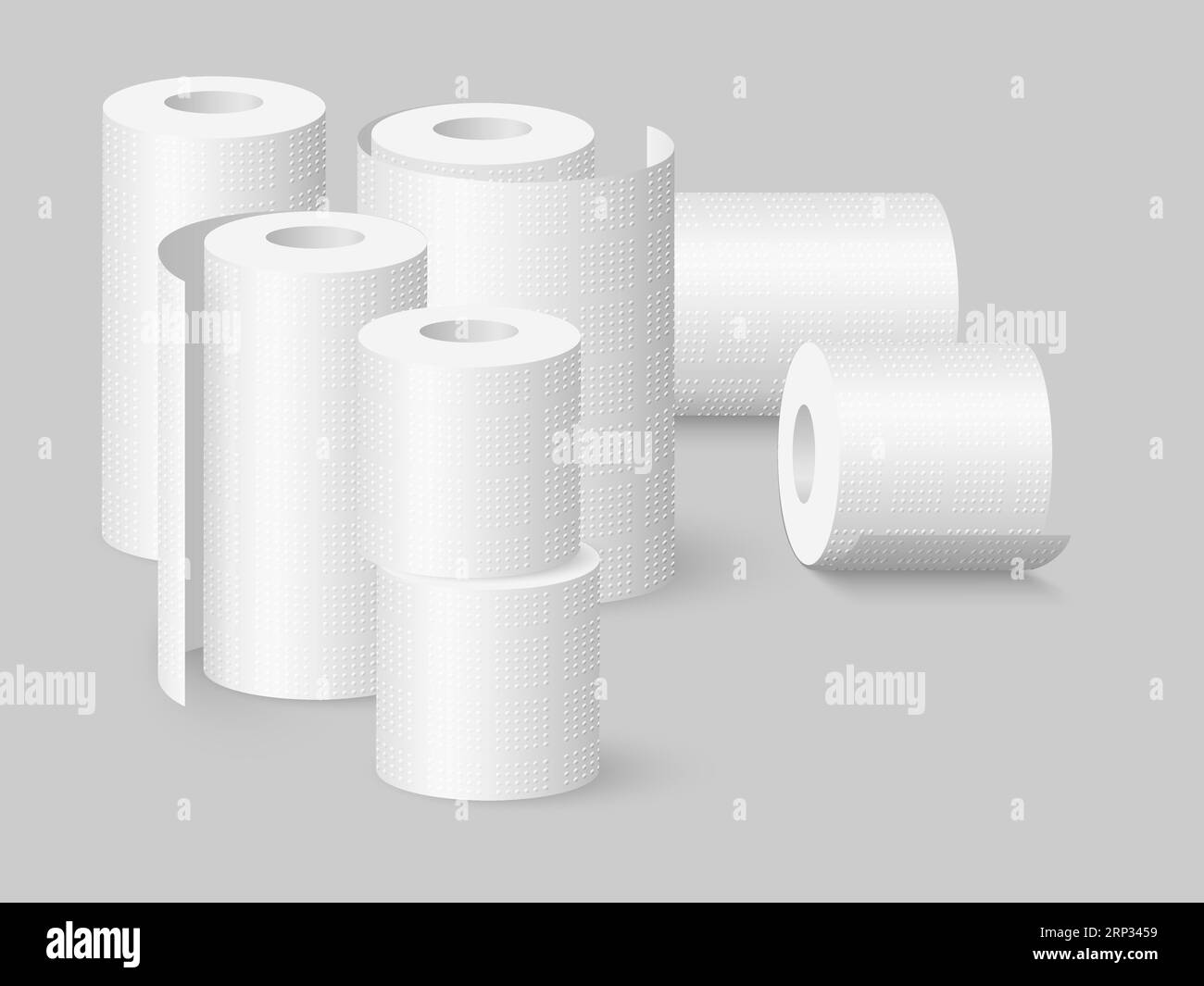 Set of realistic soft kitchen towels and toilet paper rolls. Isolated