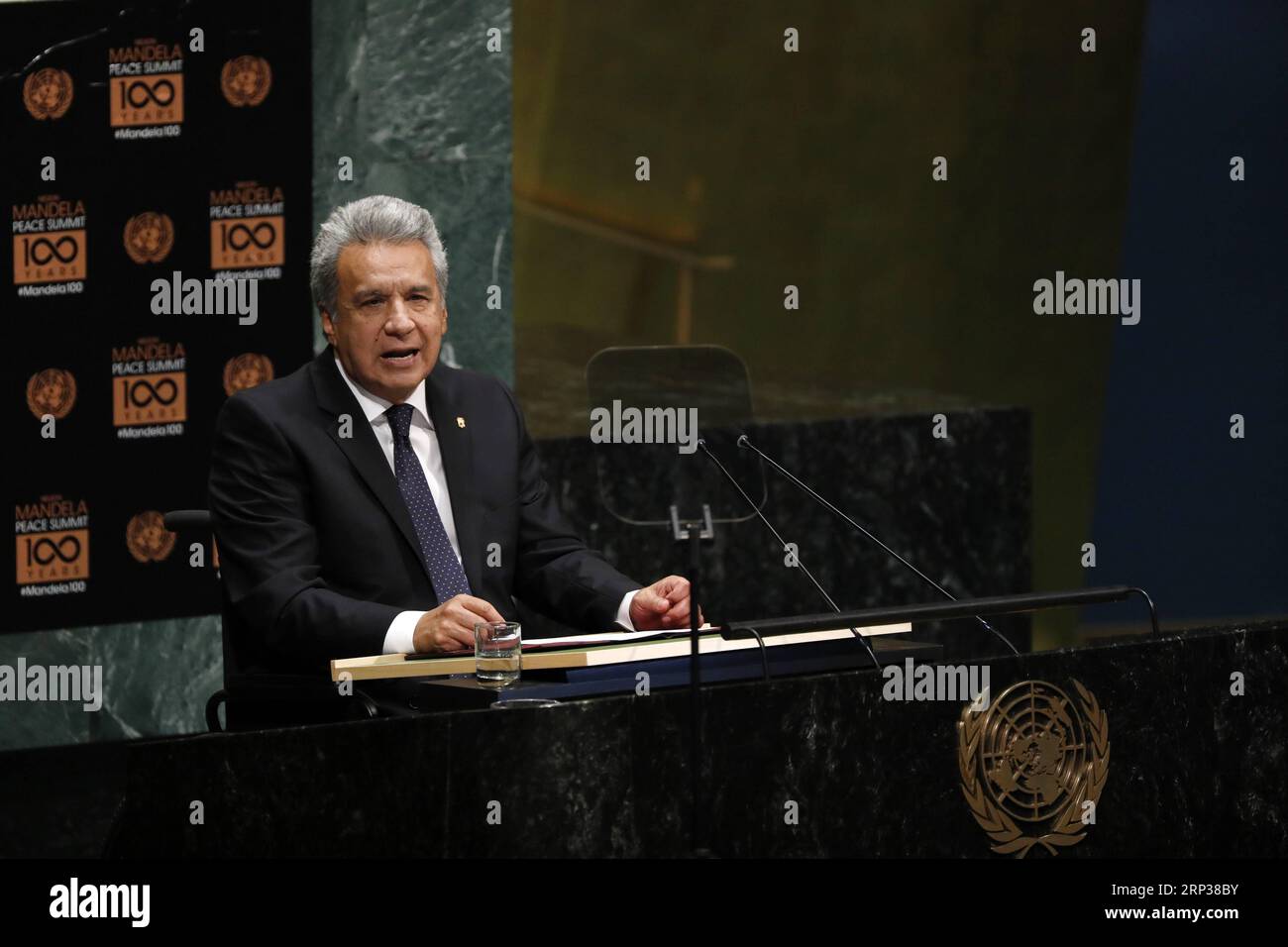 (180924) -- UNITED NATIONS, Sept. 24, 2018 -- Ecuadorian President Lenin Moreno addresses the Nelson Mandela Peace Summit held during the ongoing UN General Assembly s annual top-level meeting at the UN headquarters in New York, on Sept. 24, 2018. UN Secretary-General Antonio Guterres said Monday that Nelson Mandela embodied the highest values of the world body, in remembrance of the late South African leader who was a hallmark in the fight against apartheid. ) UN-GENERAL ASSEMBLY-NELSON MANDELA PEACE SUMMIT LixMuzi PUBLICATIONxNOTxINxCHN Stock Photo