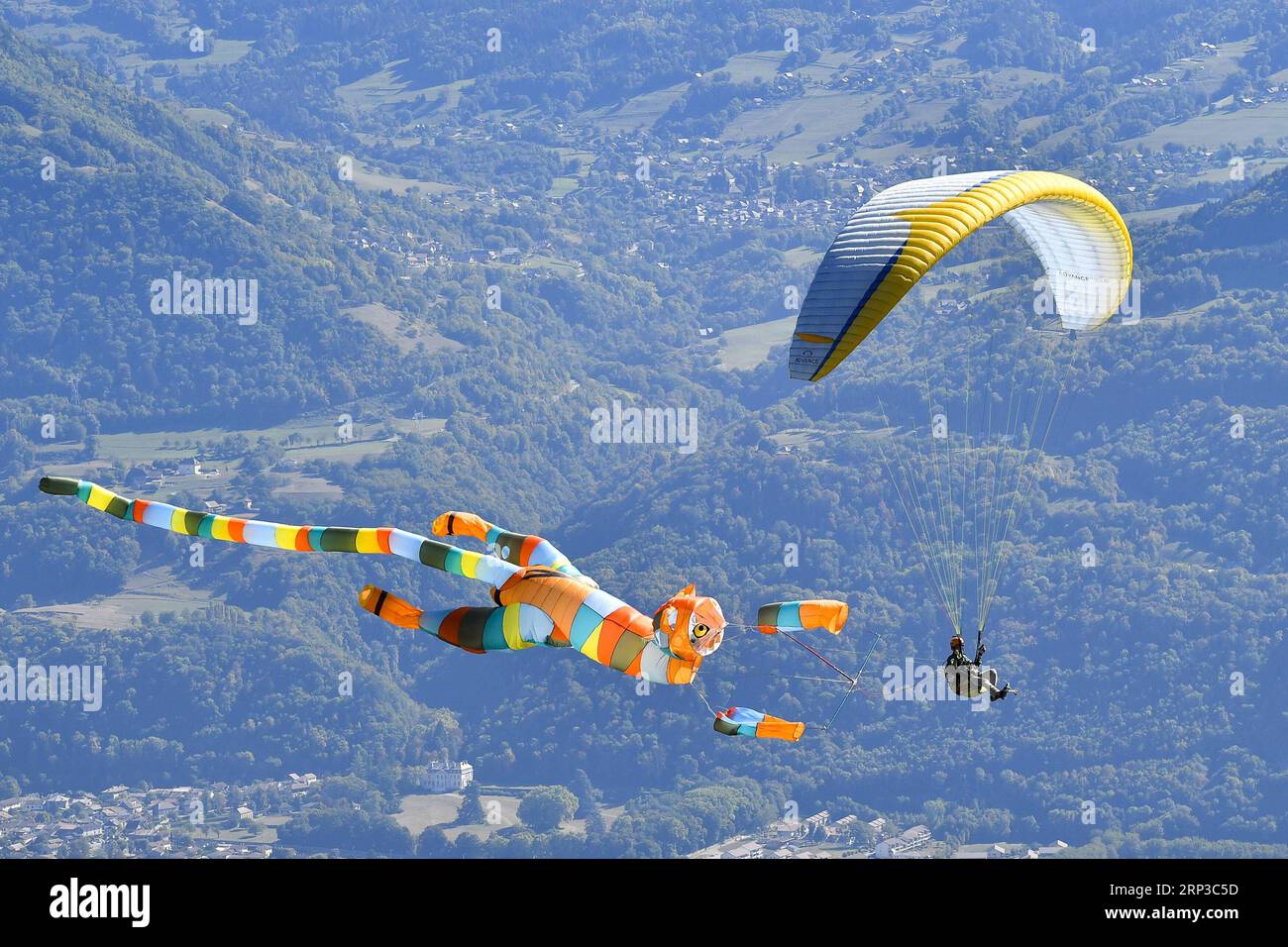 (180930) -- BEIJING, Sept. 30, 2018 -- A pilot practices a disguised flight in Saint-Hilaire, France on Sept. 23, 2018. The four-day air sports festival, Coupe Icare, concluded on Sunday. On its 45th edition, the Coupe Icare this year attracted about 700 accredited pilots and over 90,000 spectators. ) XINHUA PHOTO WEEKLY CHOICES ChenxYichen PUBLICATIONxNOTxINxCHN Stock Photo
