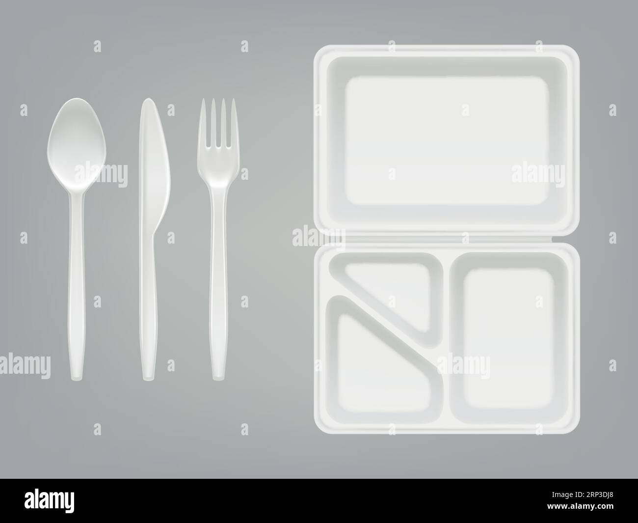 Disposable plastic lunch box and cutlery vector illustration of 3D
