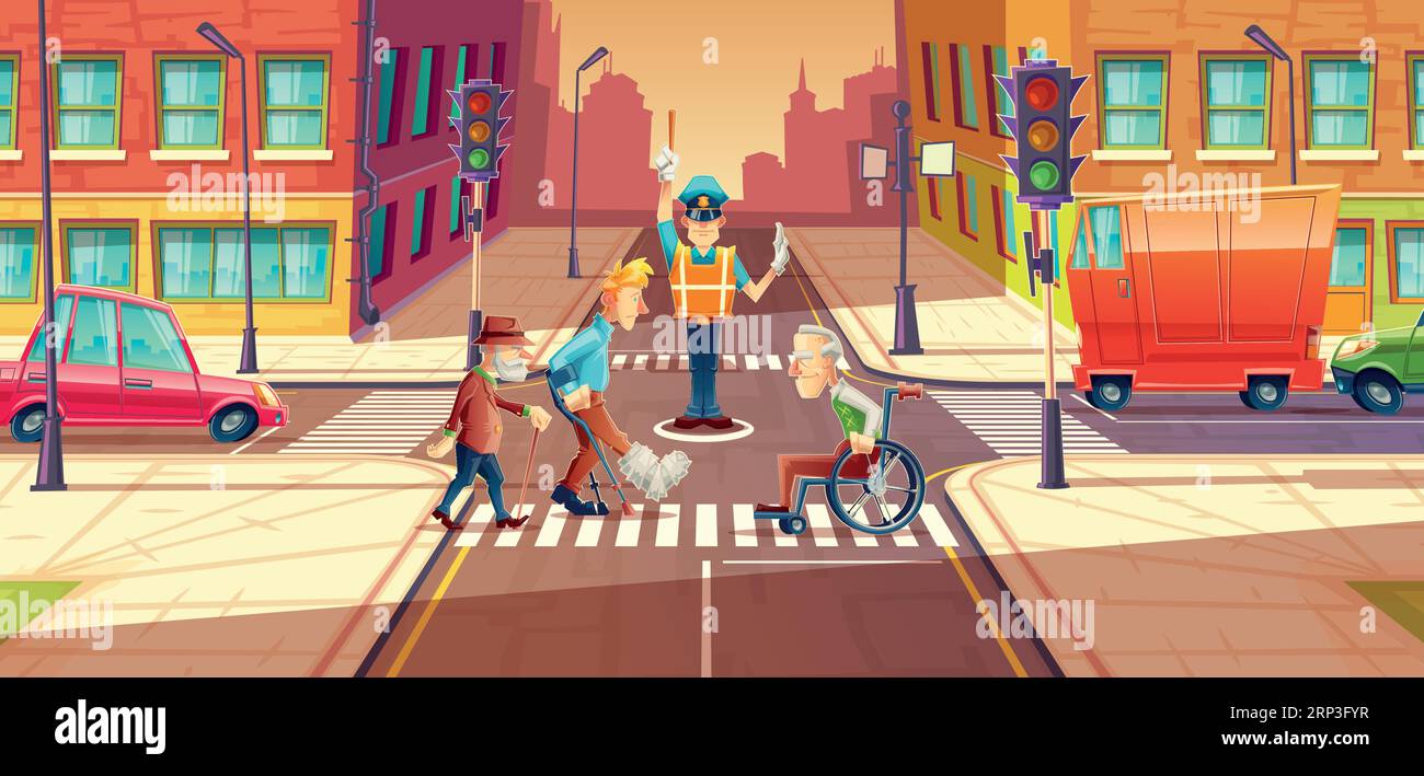 Vector illustration of crossing guard adjusting transport moving, city crossroads with pedestrians, disabled people. Urban highway regulation, crosswa Stock Vector
