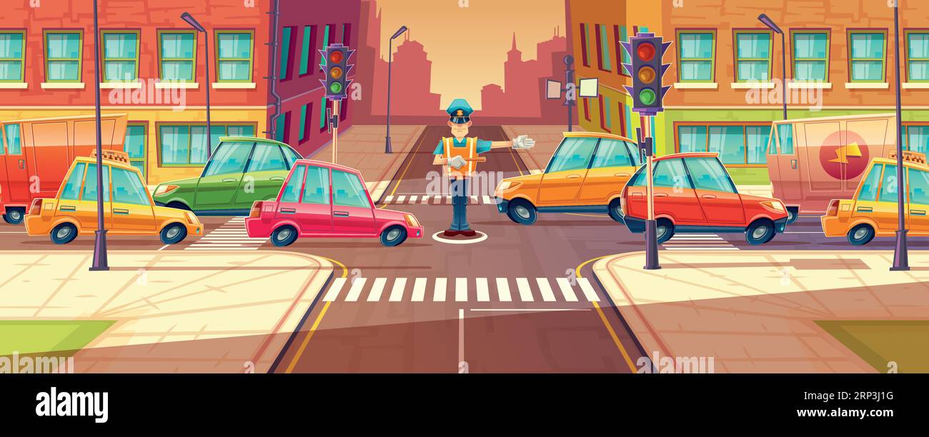 Vector illustration of adjusting city crossroads in rush hour, traffic jam, transport moving, vehicles by crossing guard. Urban highway regulation, cr Stock Vector