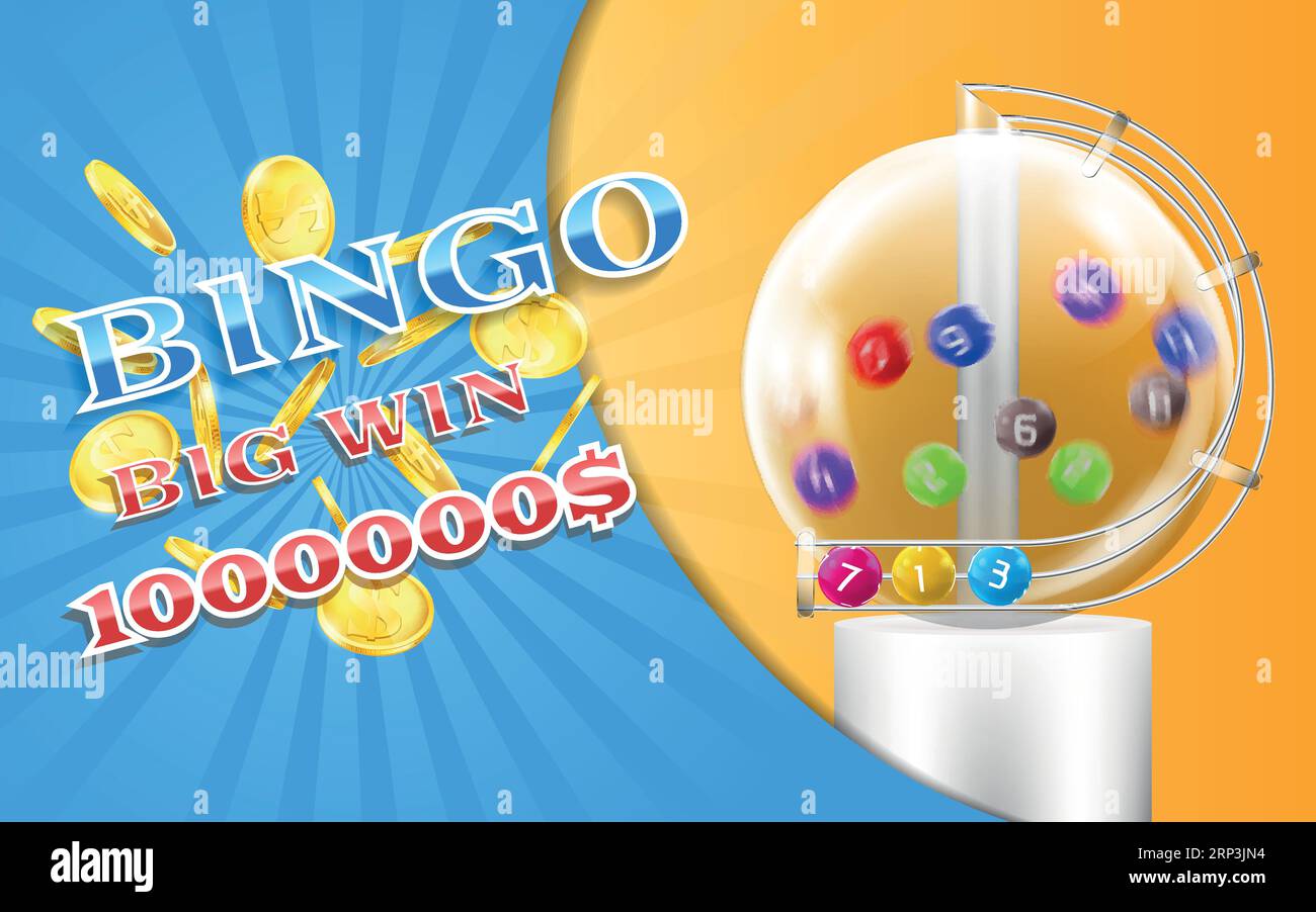 Vector bingo game banner with realistic golden coins, with lottery machine and colorful balls