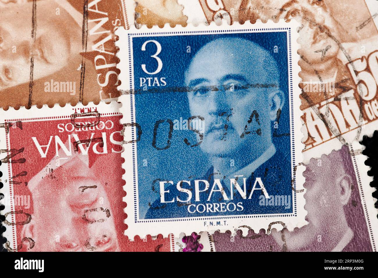 Madrid, Spain; 08-13-2023: Postage stamps with the portrait of the dictator of Spain Francisco Franco who started the civil war and ruled Spain later Stock Photo