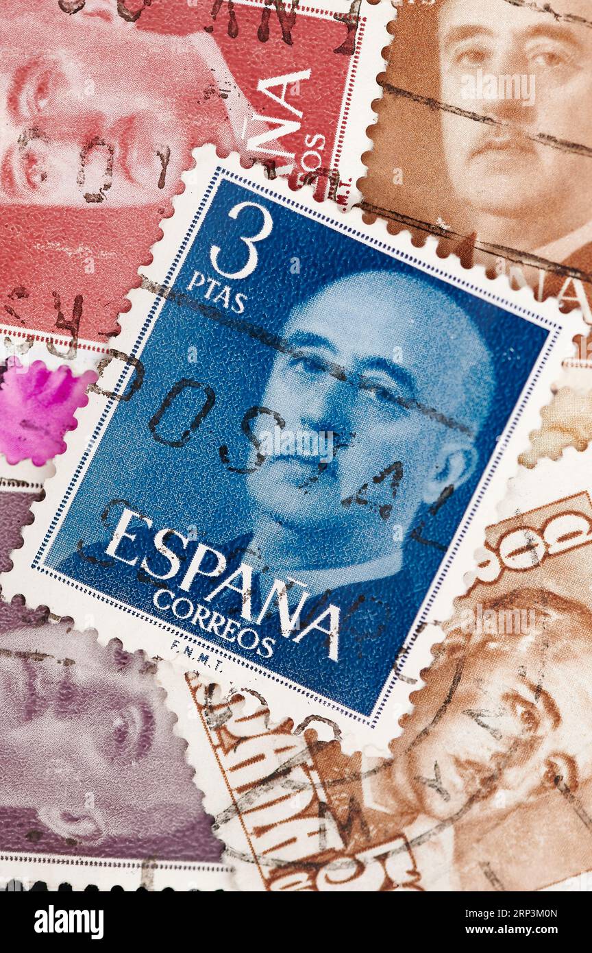 Madrid, Spain; 08-13-2023: Postage stamps with the portrait of the dictator of Spain Francisco Franco who started the civil war and ruled Spain later Stock Photo