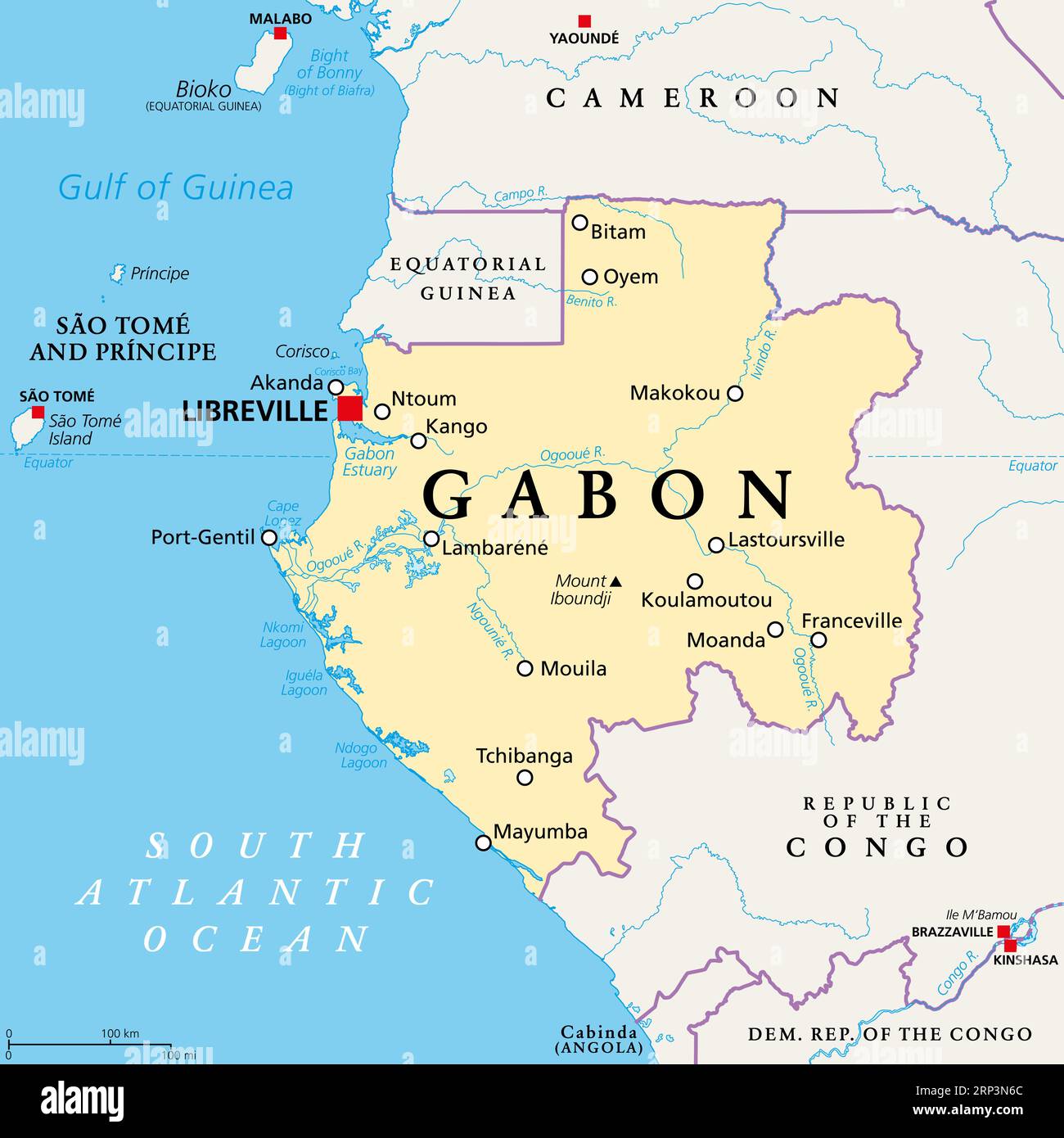 Gabon, political map. Gabonese Republic, a country on the Atlantic coast of Central Africa, with capital Libreville. Stock Photo